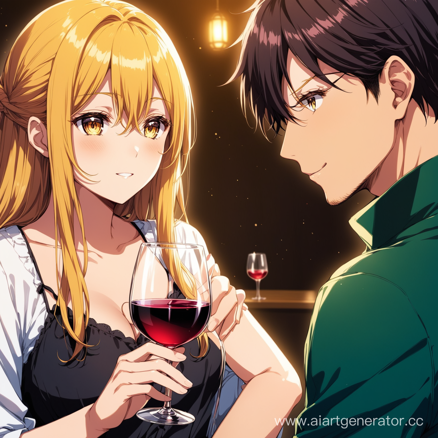 Anime guy looks at a girl who is holding a glass of wine