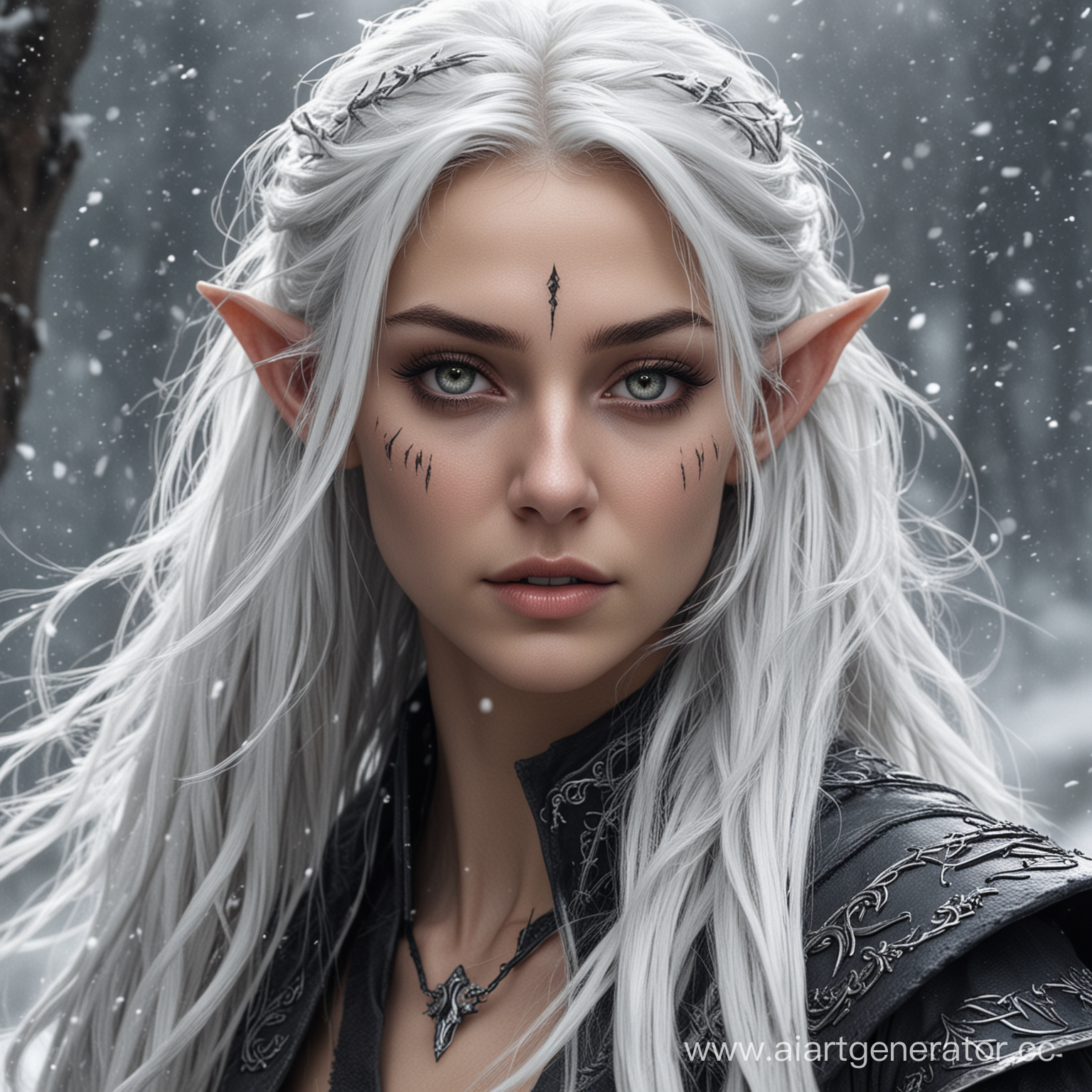 темная эльфийская колдунья с острыми ушами, серой кожей, с белоснежными волосами развивающимися на ветру, полностью белыми глазами, с рваным шрамом через правый глаз