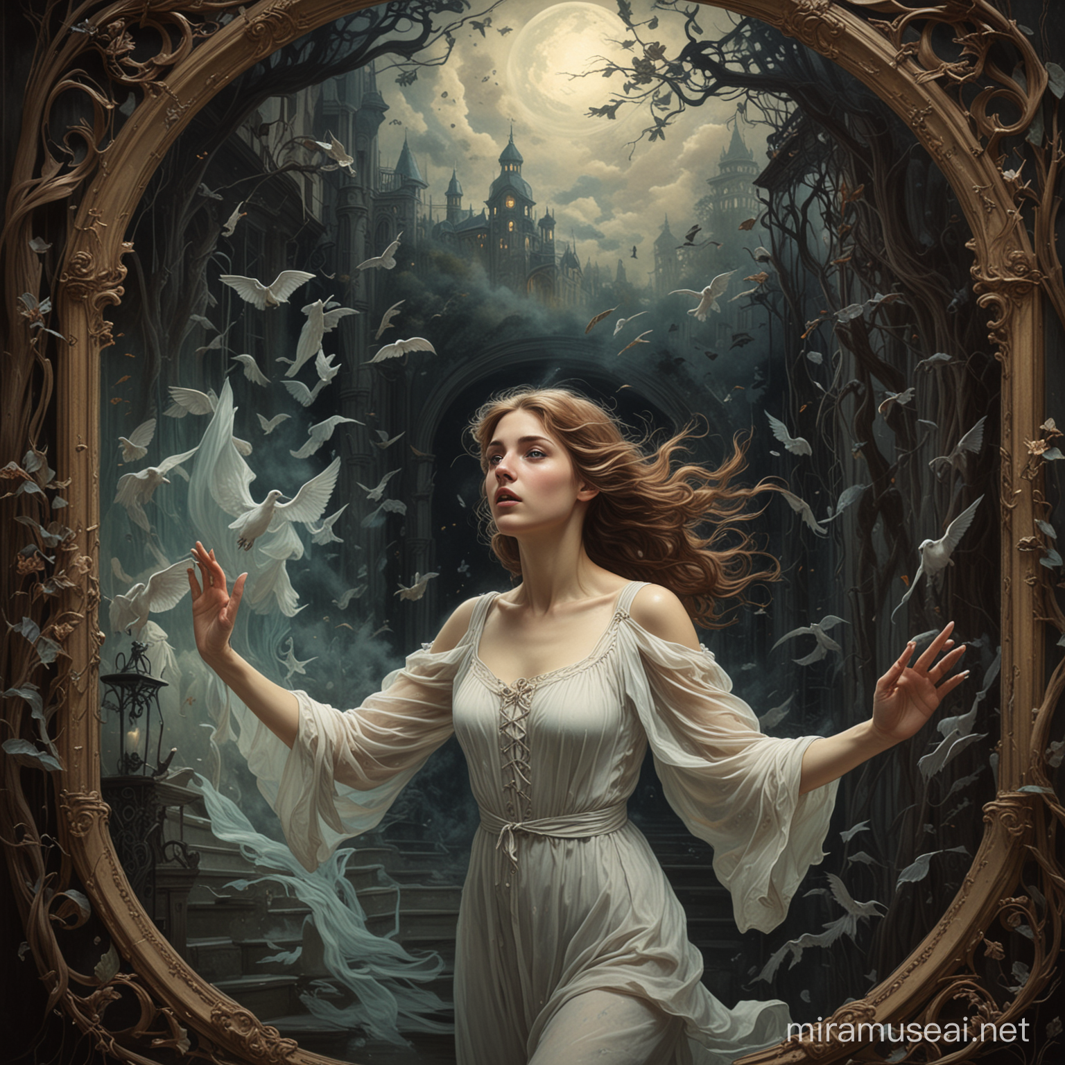 art nouveau style, beautiful young woman, disappearing into haunted painting, dark magic, nightmares