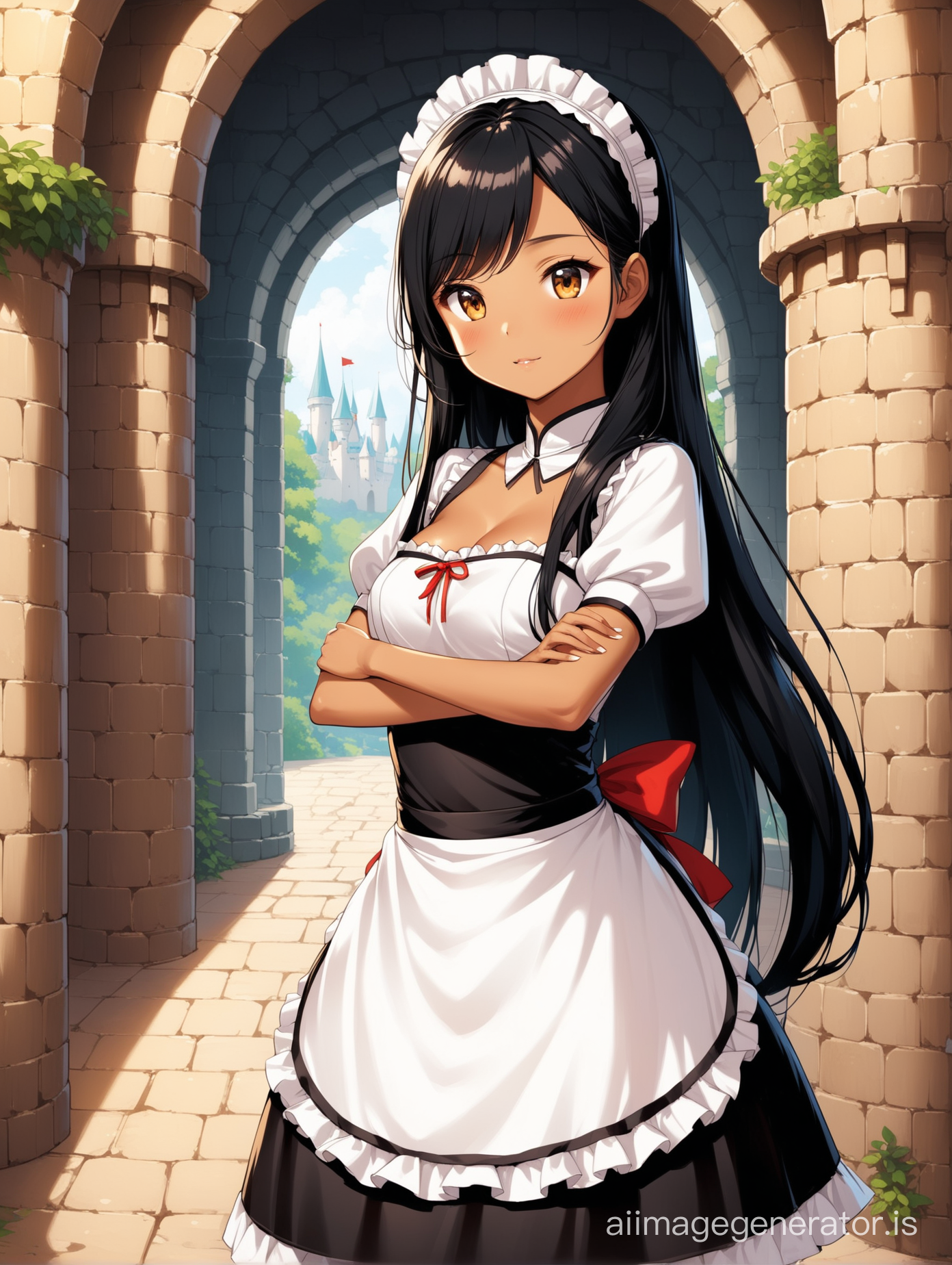 A beautiful tanned Vietnamese maid with long black hair and small breasts in a castle 