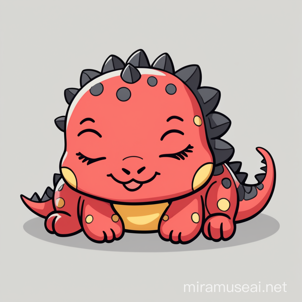 Adorable Cartoon Baby Dinosaur Sleeping in Chibi Style with Red Black and Yellow Accents