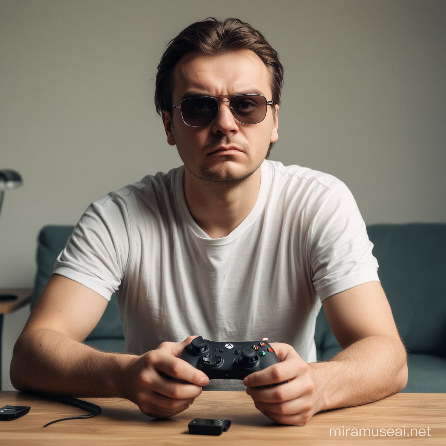 sad man named milosz in sunglasses with game pad xbox