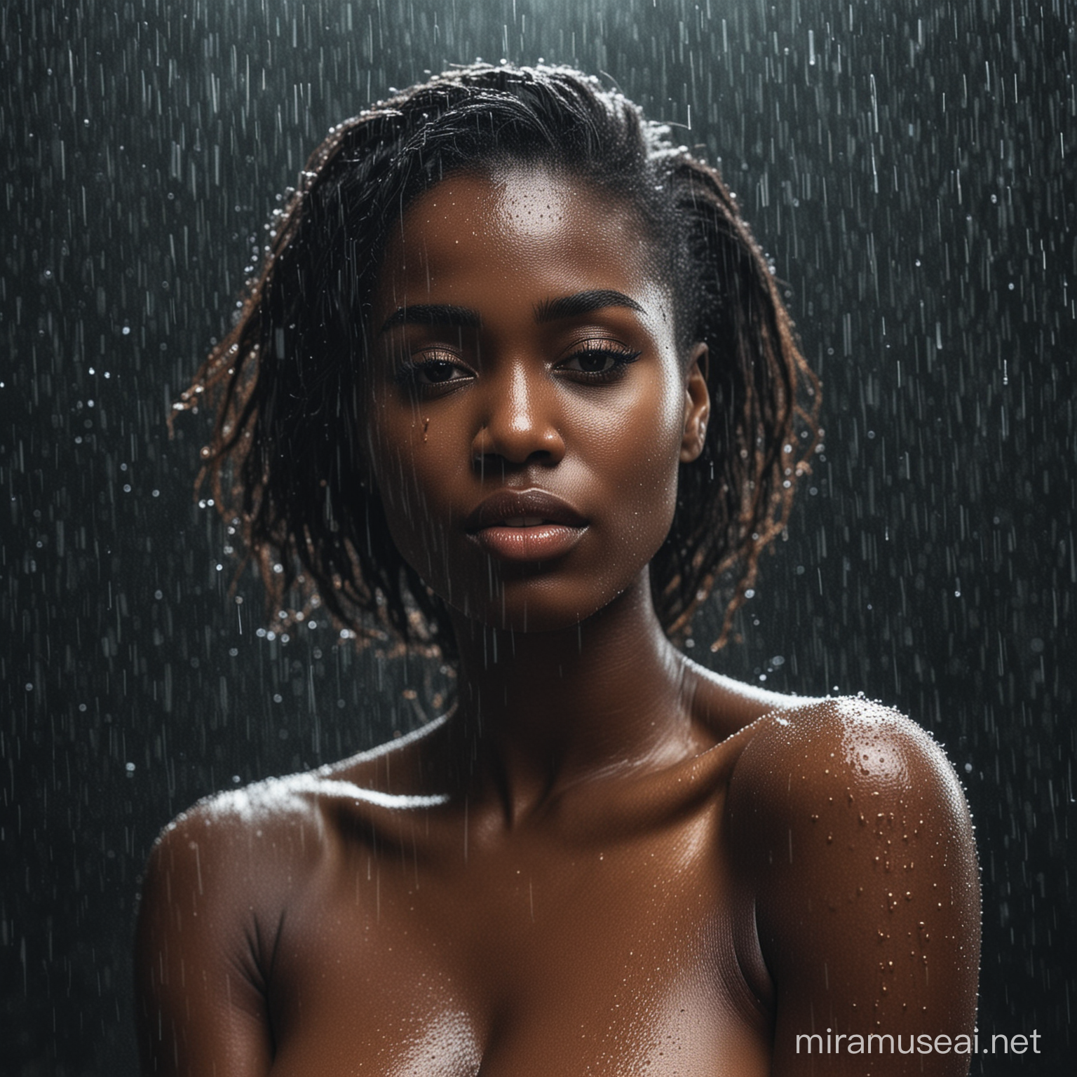 Sensual Melanin Woman Embracing the Night Rain