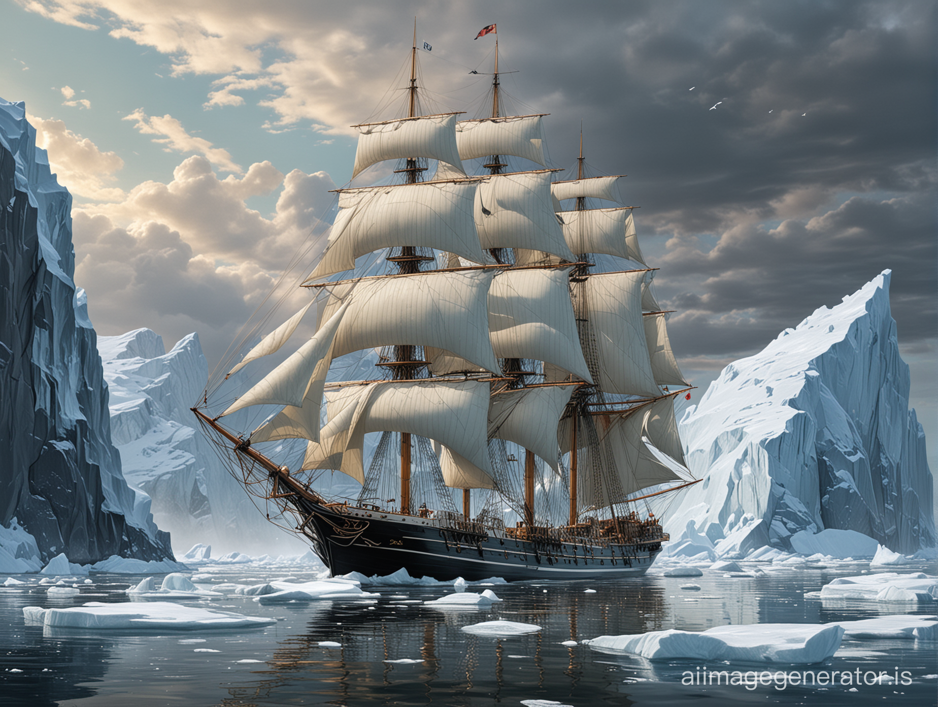 Calm sea on the far North, a majestic 6-masted windjammer ship sailing gracefully, surrounded by towering icebergs, reminiscent of the artistic style of Winslow Homer, realistic oil painting, capturing the raw beauty of nature, dramatic lighting, 4K resolution, wide angle composition, marine art, maritime painting.