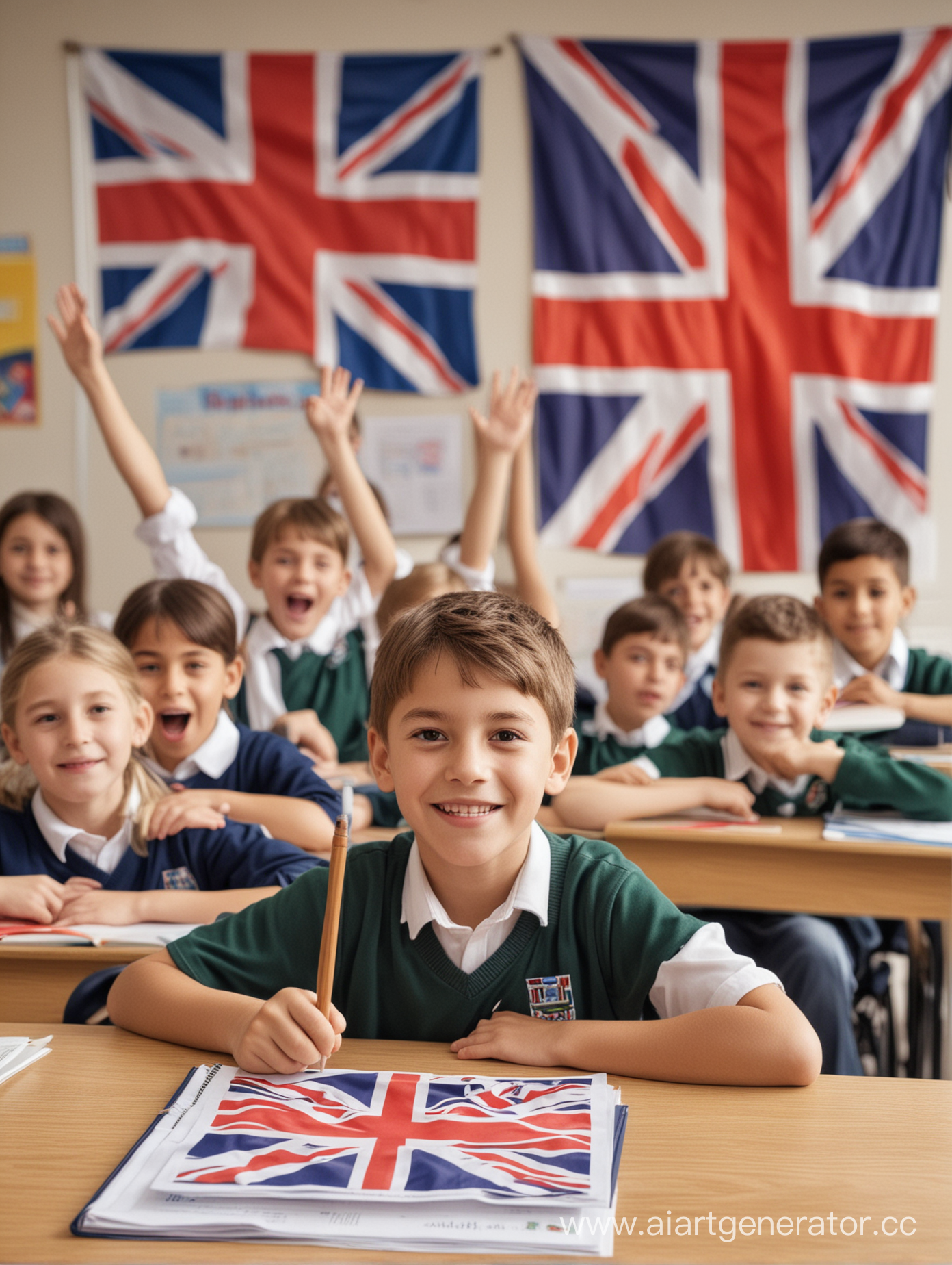 дети сидят в школе на уроке английского языка, один мальчик поднял руку , на парте учебники английского языка , сзади флаг британии