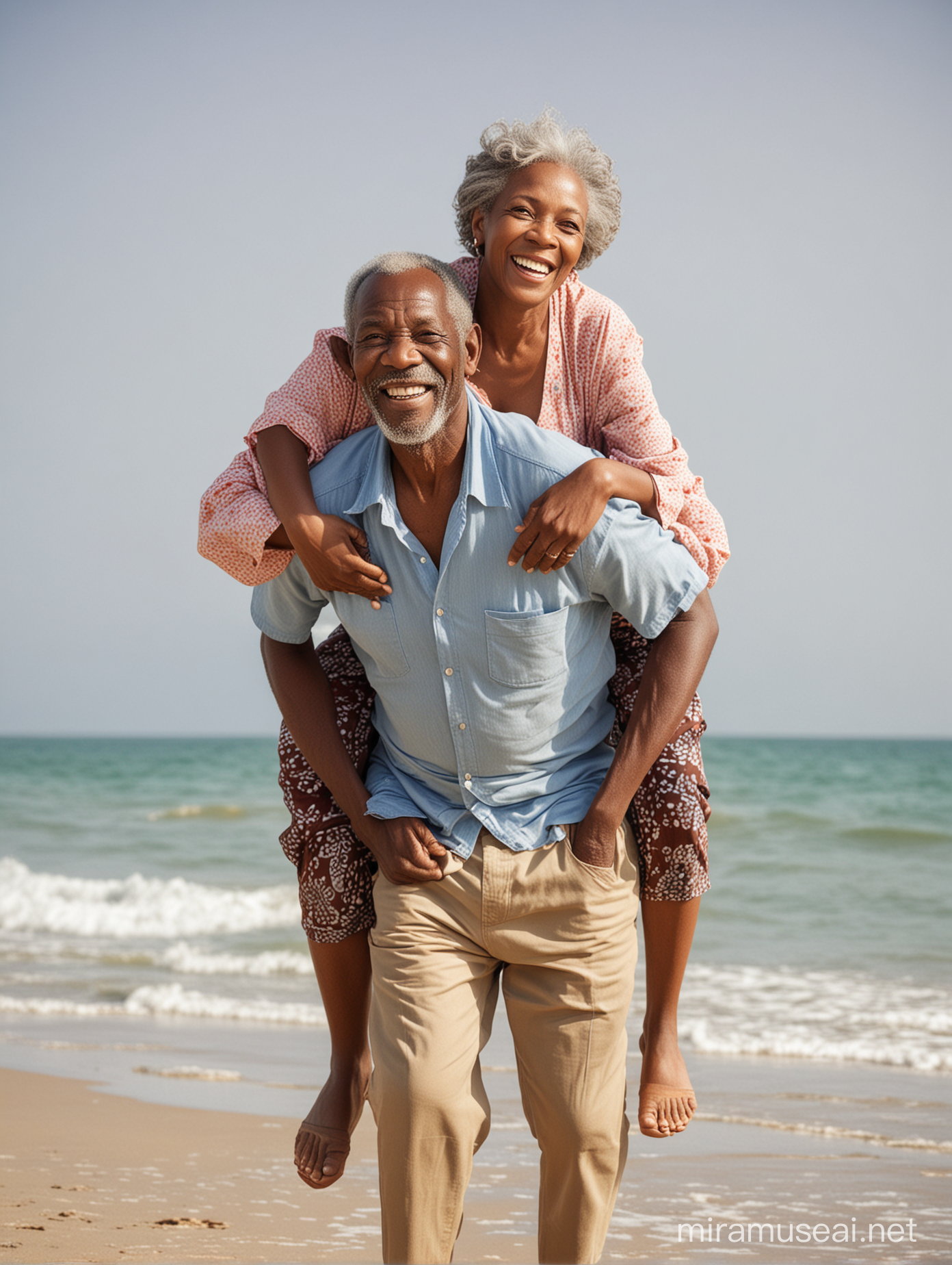 A playful portrait of an elderly African couple taking piggyback rides at the beach together.