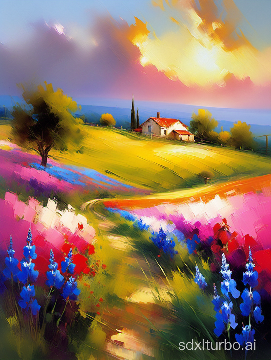 Landscape oil painting By Pino Daeni, Vladimir Volegov, Alberto Seveso, Rogue. Detailed background, perfect details, colorful, perfect impressionist oil painting of a beautiful country field, with bluebonnet fields depicting a colorful amazing sunset with blue sky, pink and white clouds, and a calm house on a distant Texas hill. Beautiful impasto brushstrokes and palette knive accents. with thick paint, big brushstrokes,