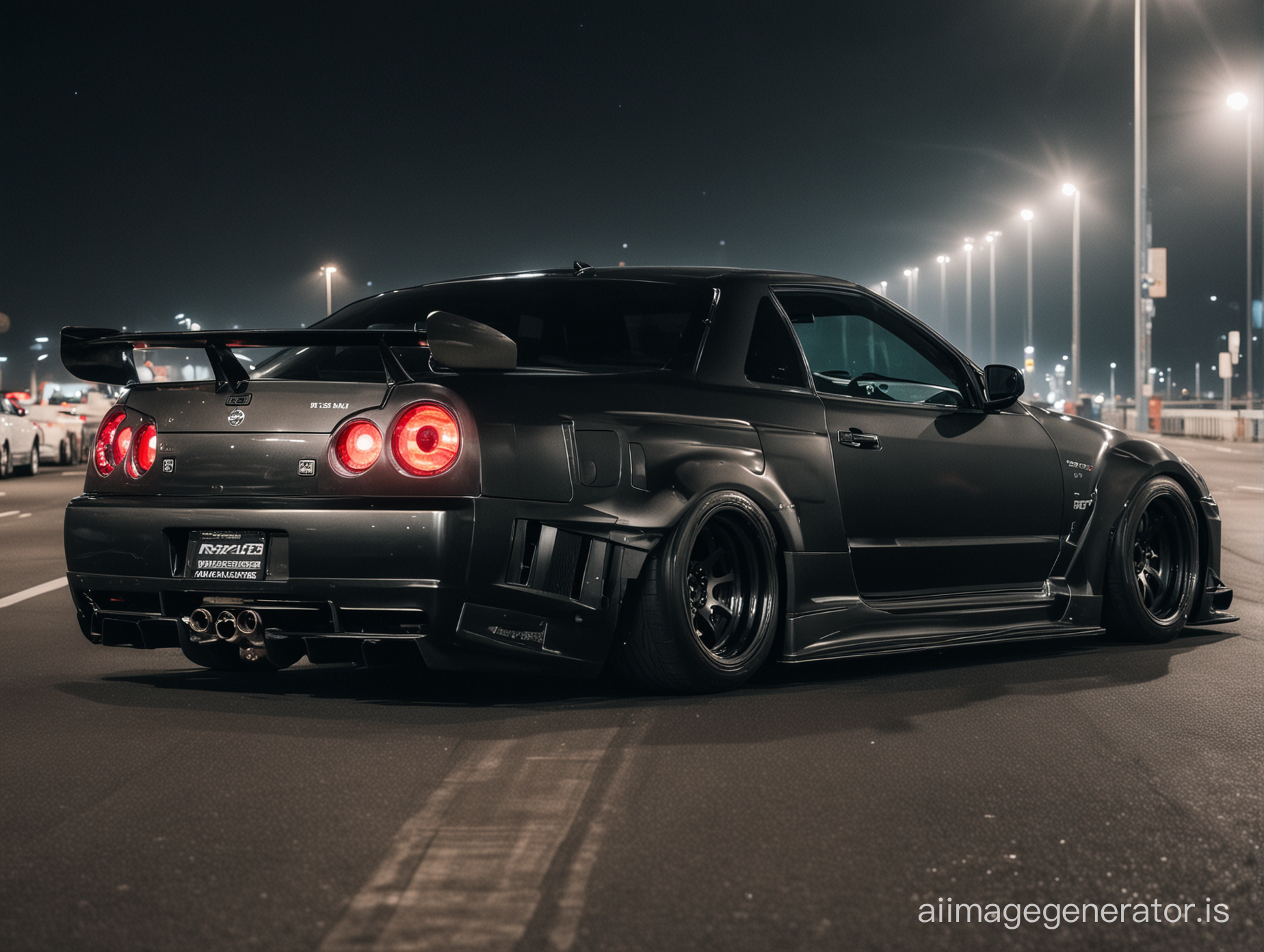 nissan gtr r34 tuning like a monster on the Saturn ring driving at night 