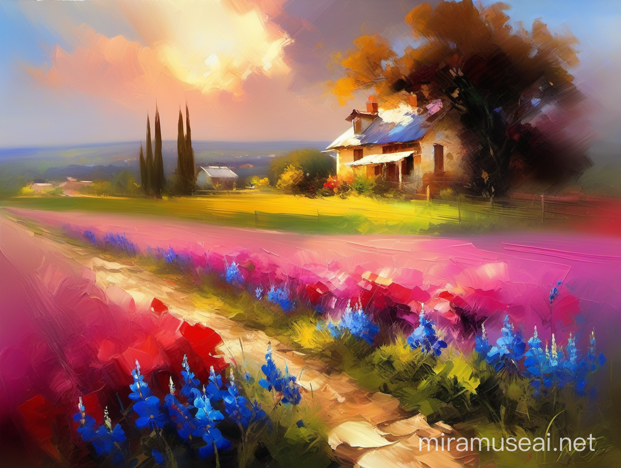 Landscape oil painting By Pino Daeni, Vladimir Volegov, Alberto Seveso, Rogue. Detailed background, perfect details, colorful, perfect impressionist oil painting of a beautiful country field, with bluebonnet fields depicting a colorful and amazing sunset with blue sky, pink and white clouds, and a calm house on a distant Texas hill. Beautiful impasto brushstrokes and palette knife accents, with thick paint.