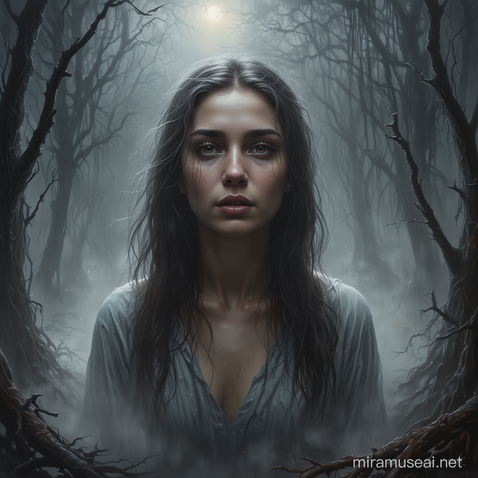oil painting of beautiful young woman lost in a dark fog, nightmare world, mystical realms