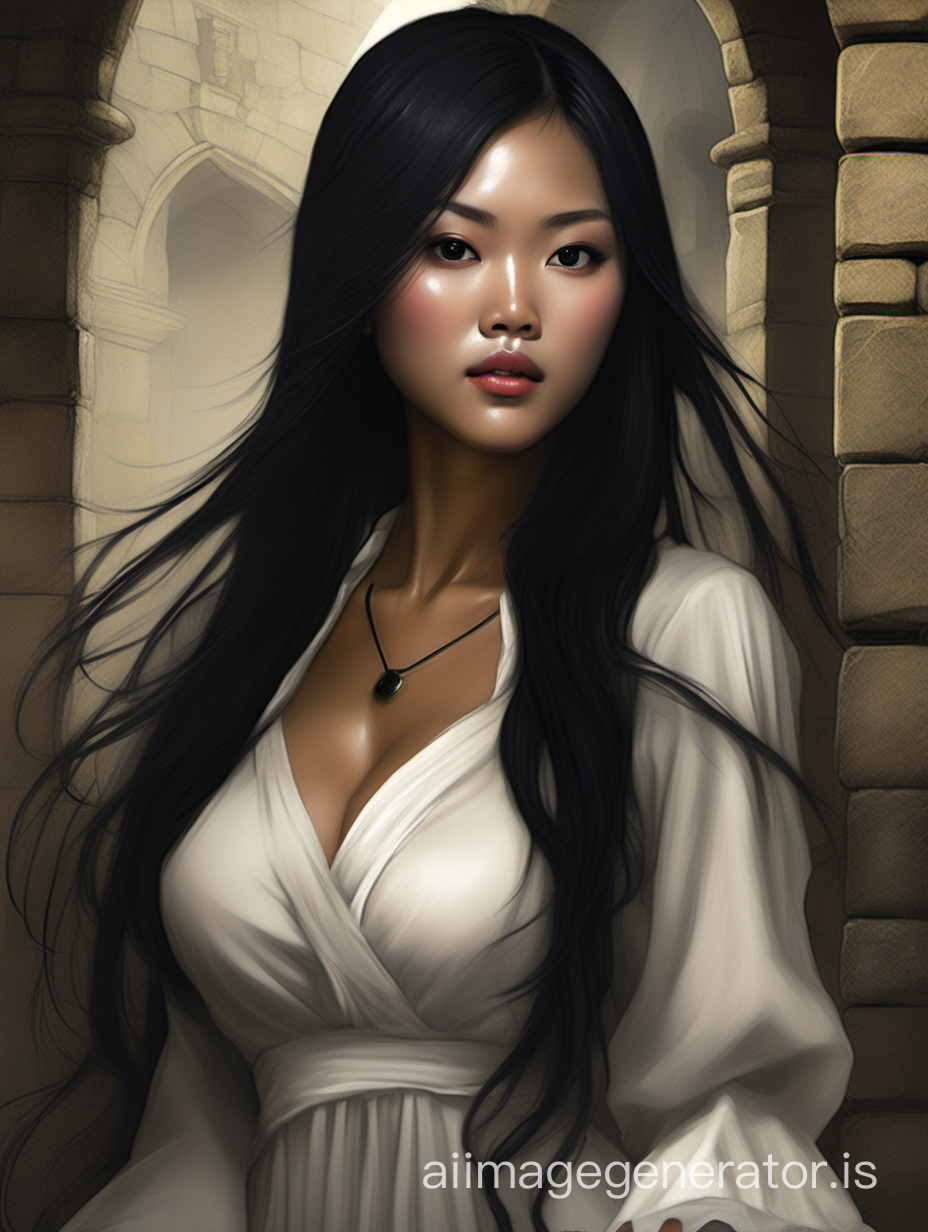 A beautiful nude tanned Vietnamese maid with long black hair and small breasts with dark brown nipples in a castle 