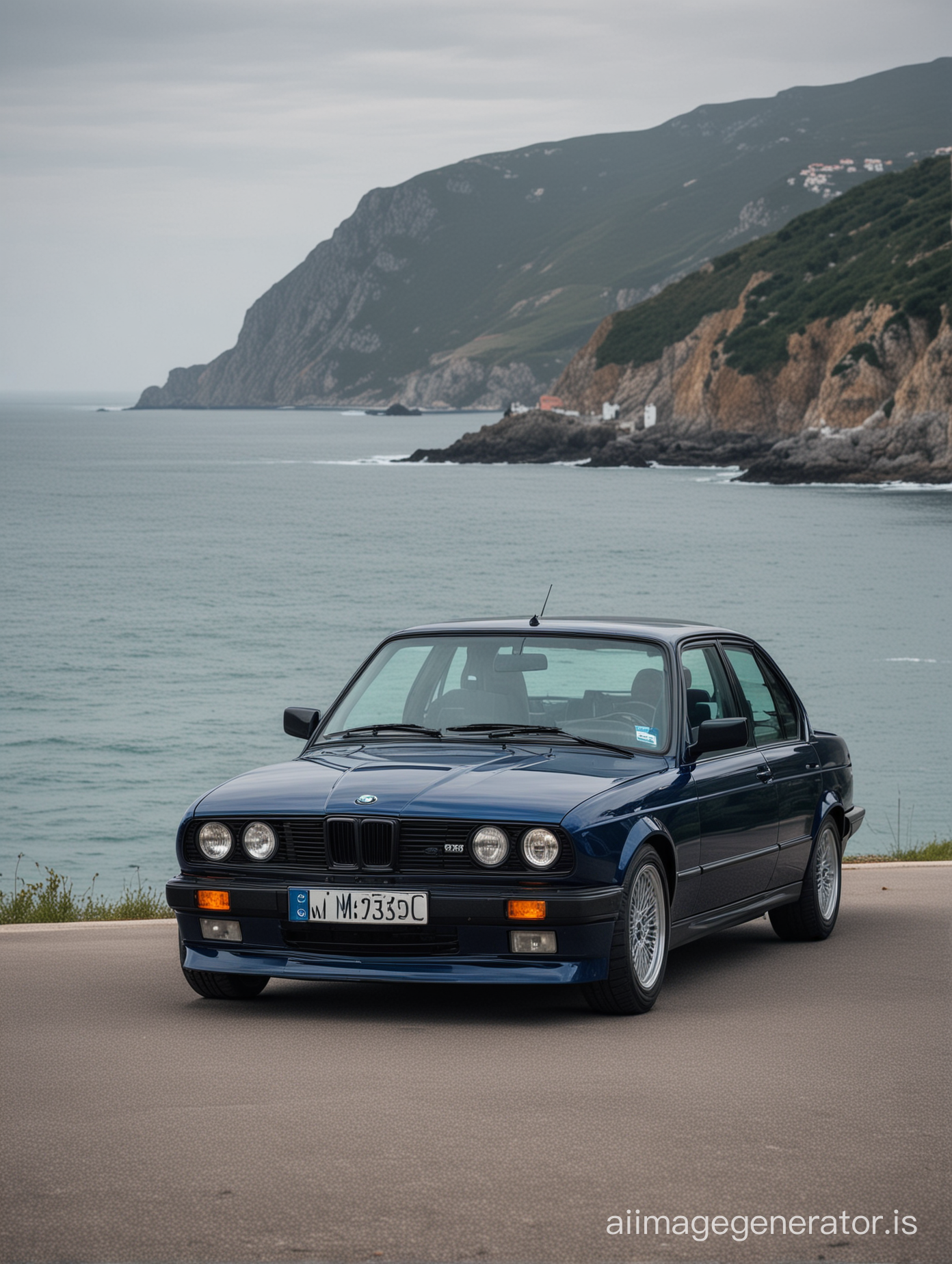 very dark blue BMW 320i e30 classic  in front of the sea