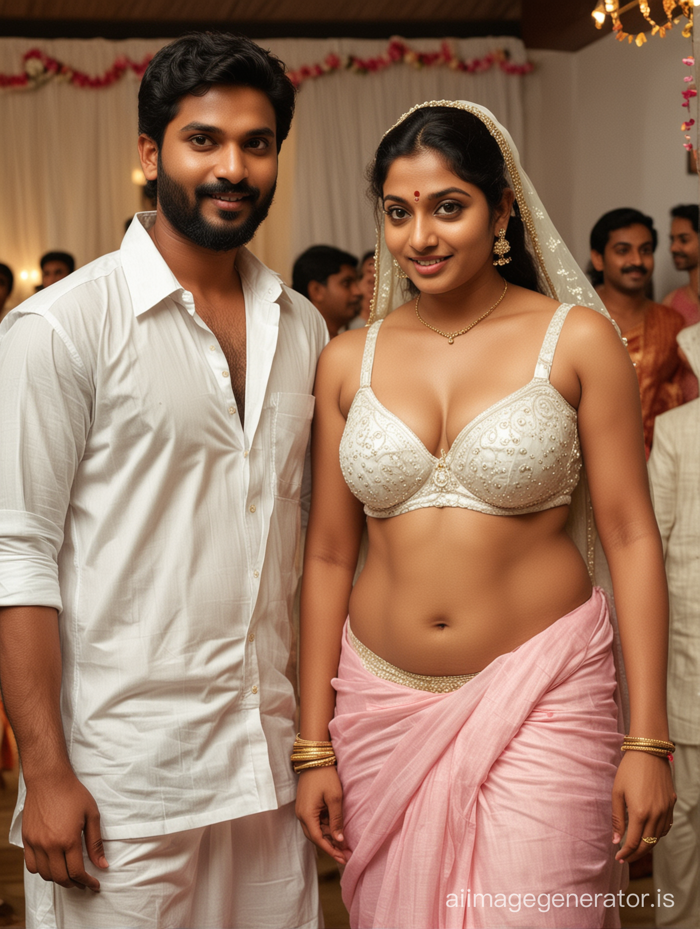 A kerala party. The man is a 30 year old kerala boy. The boy is dressed in veshti and shirt. The bride is kerala woman who looks 99% like malayalam movie actress samyukta varma. The woman is wearing bra and thong. Woman has big boobs and navel visible. 