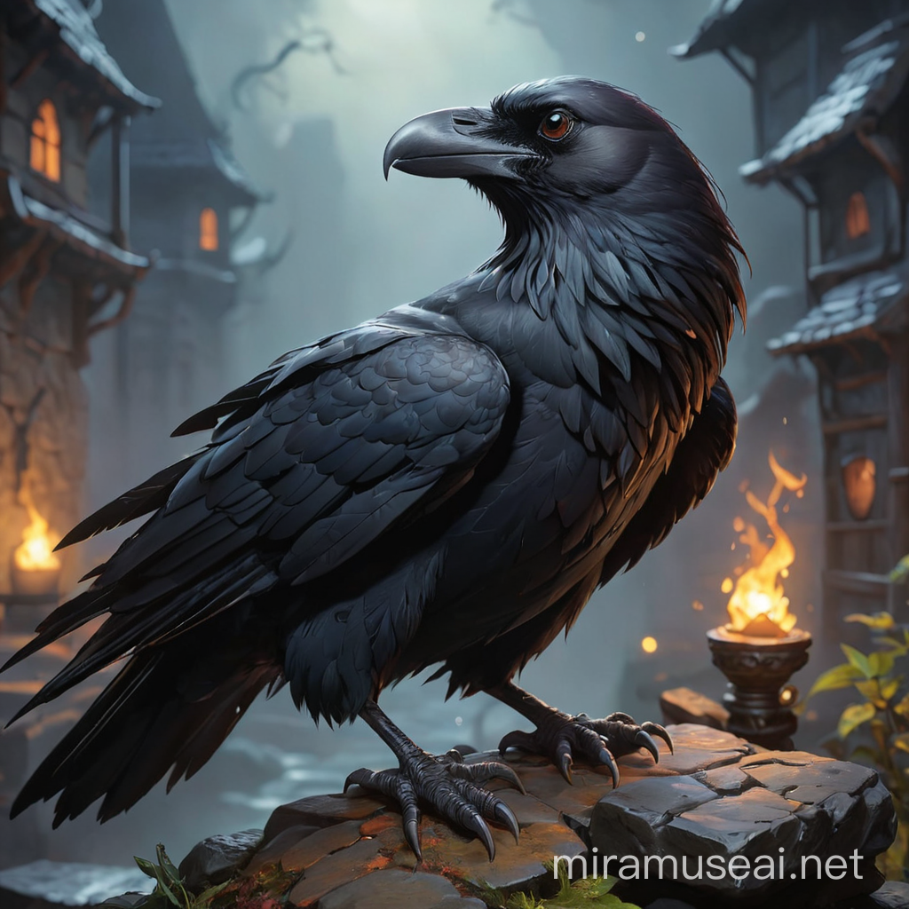 Epic Night Adventure Small Black Magical Raven in Dungeons and Dragons Setting