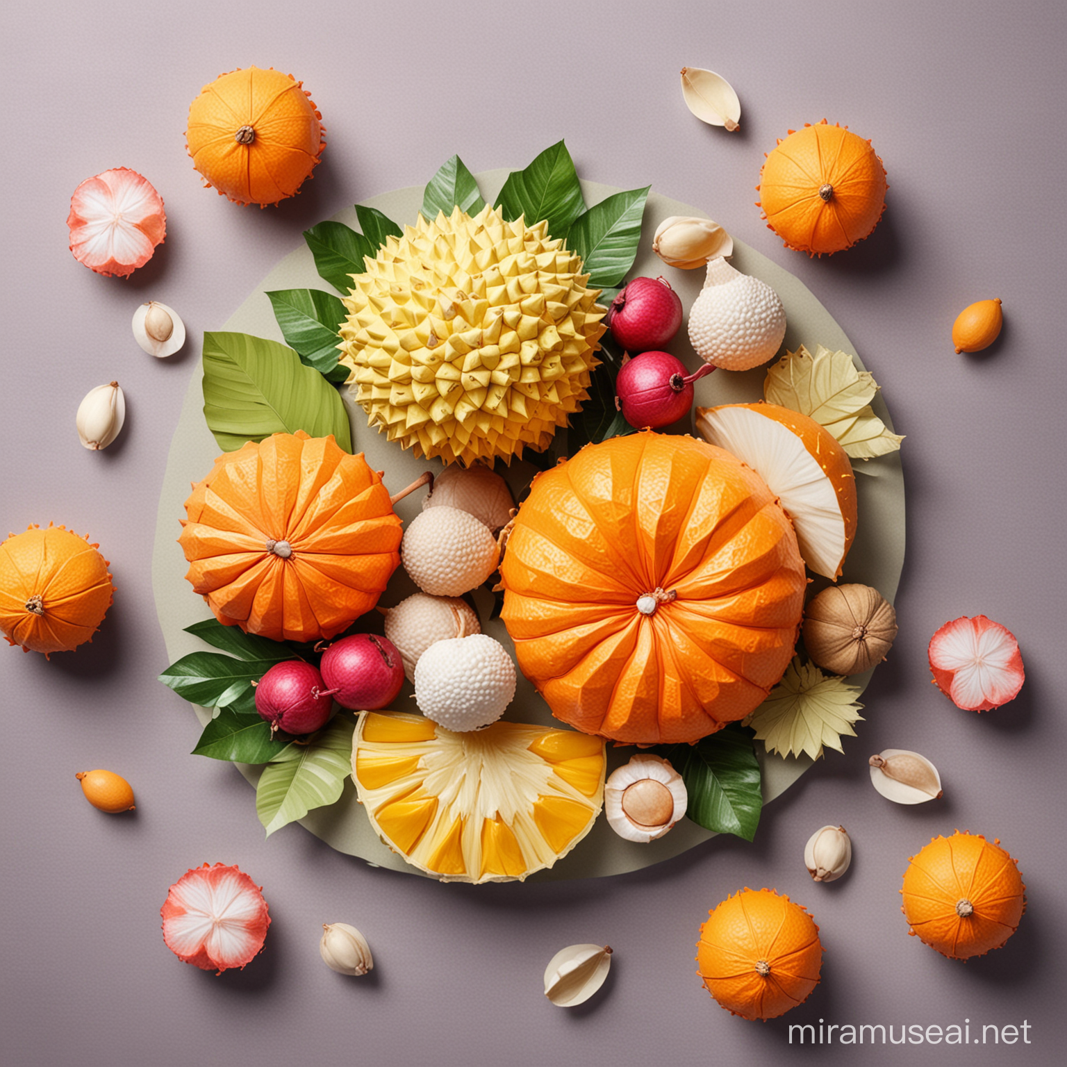 Colorful Abstract Paper Art with Assorted Fruits Orange Durian Pomelo Lychee Longan Mangosteen