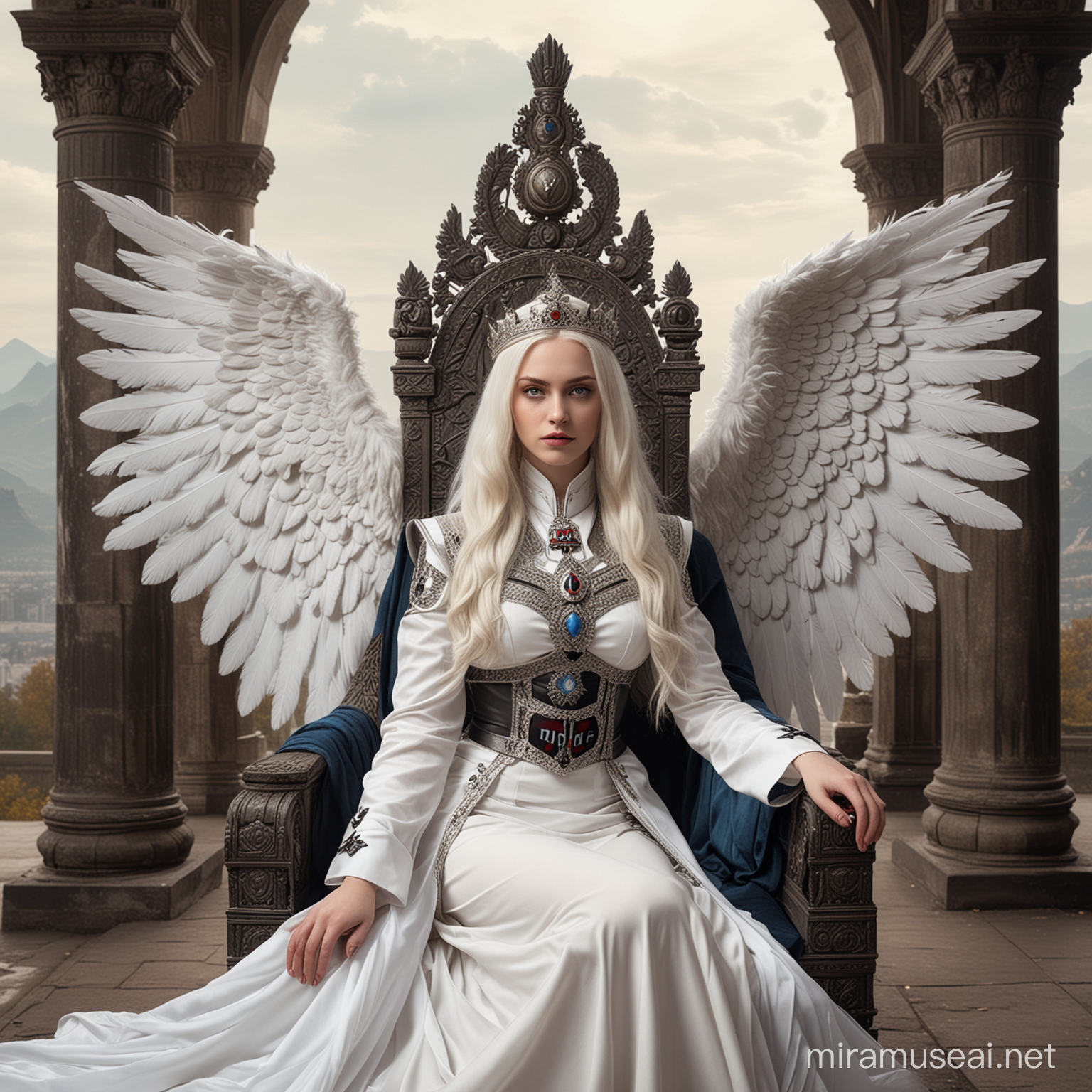 Diosa emperatriz nazi joven hermosa de cabellos blancos largos y ojos azules vestida como Diosa emperatriz nazi  con grandes alas largas, sentada en un trono majestuoso y df fondo un valle tenebroso y un palacio hindu tenebroso 