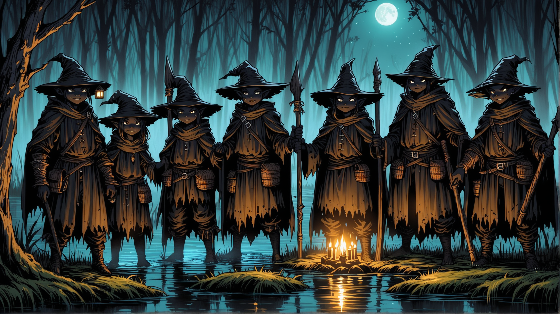 Medieval Fantasy Swamp Night Gathering of Black Goblin Rogues and Mages