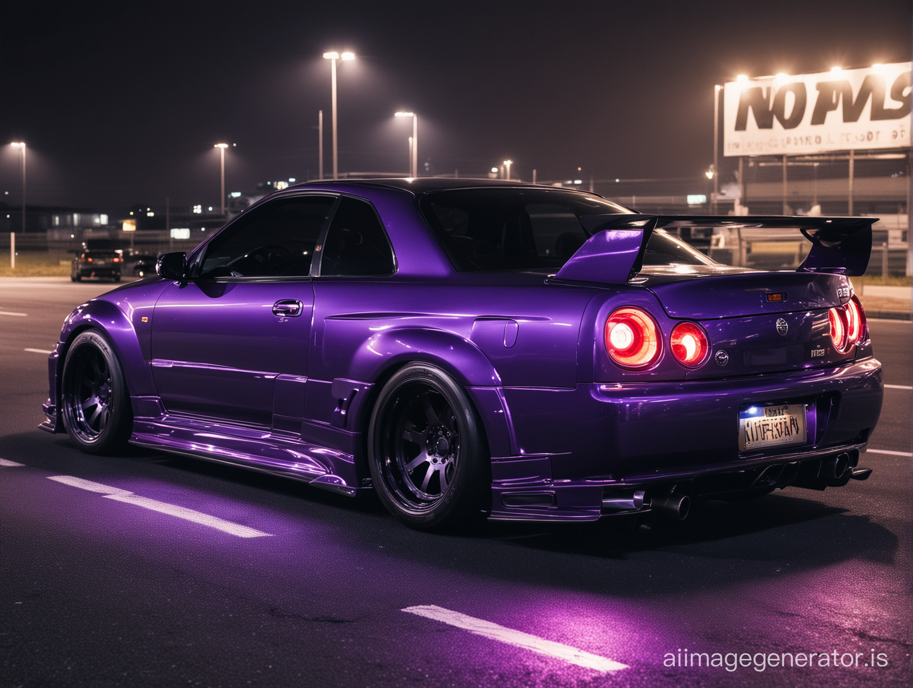 Nissan GTR r34 tuning like a monster on the Saturn ring driving at night drifting bigger spoiler nitro like lights coming out on the rear  purple light darkness 