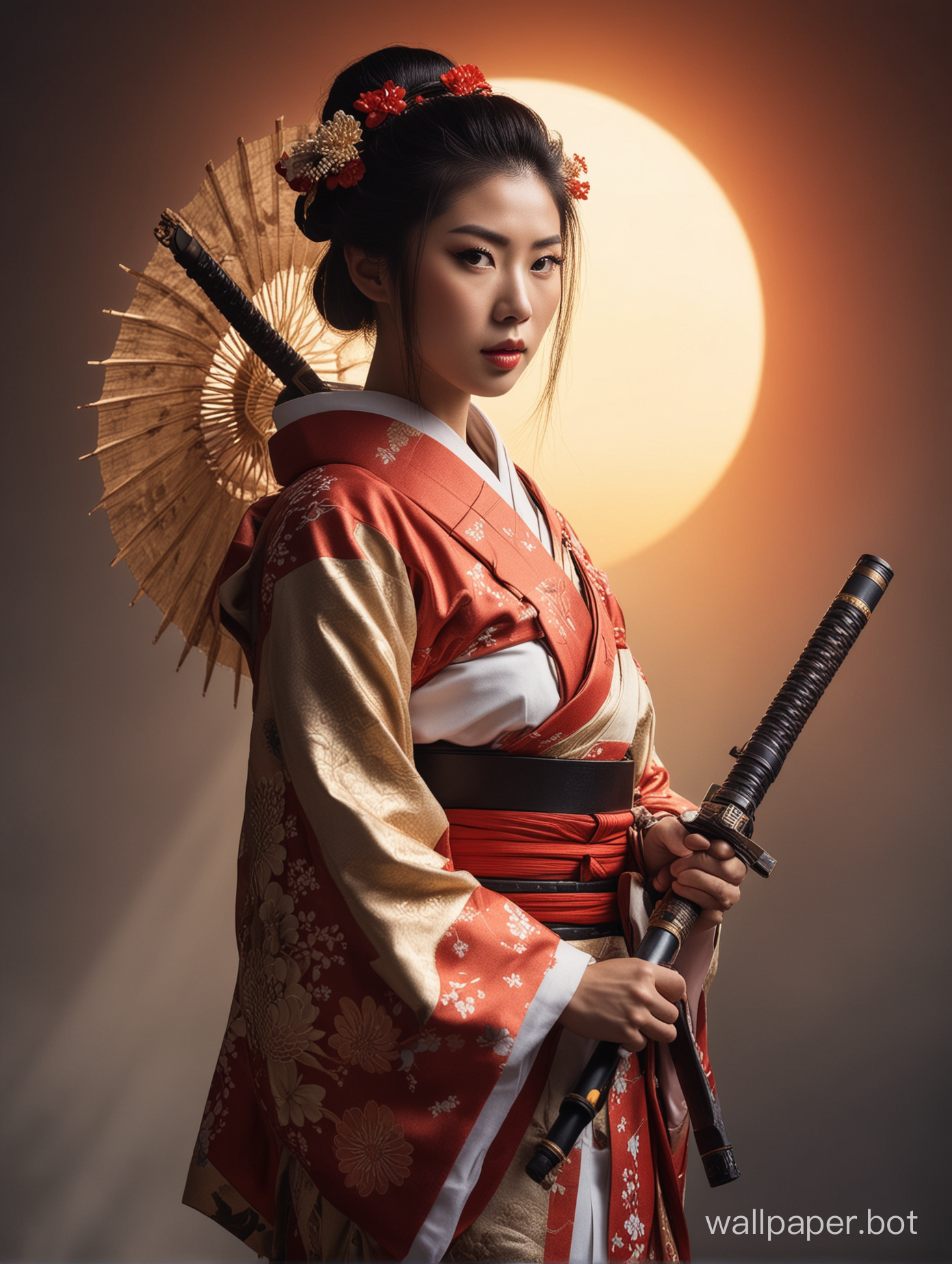 a beautiful asian 25 year old geisha warrior standing majestically with a weapon as the japanese rising sun in the background, be creative with the background mixing fantasy themes to create a unique sense of power and beauty, waist up view, low camera angle, cinematic