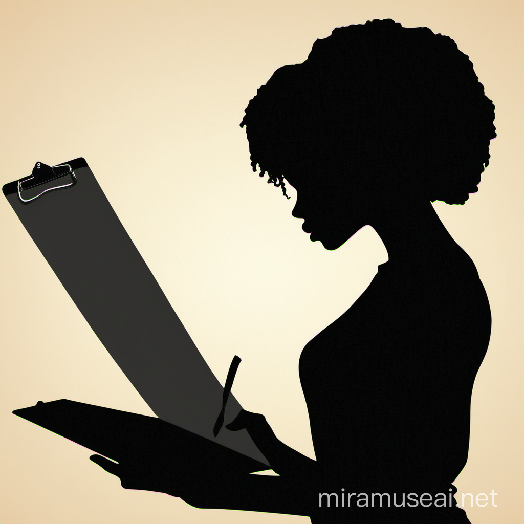 black 
silhouette of a black woman holding a clipboard thinking
