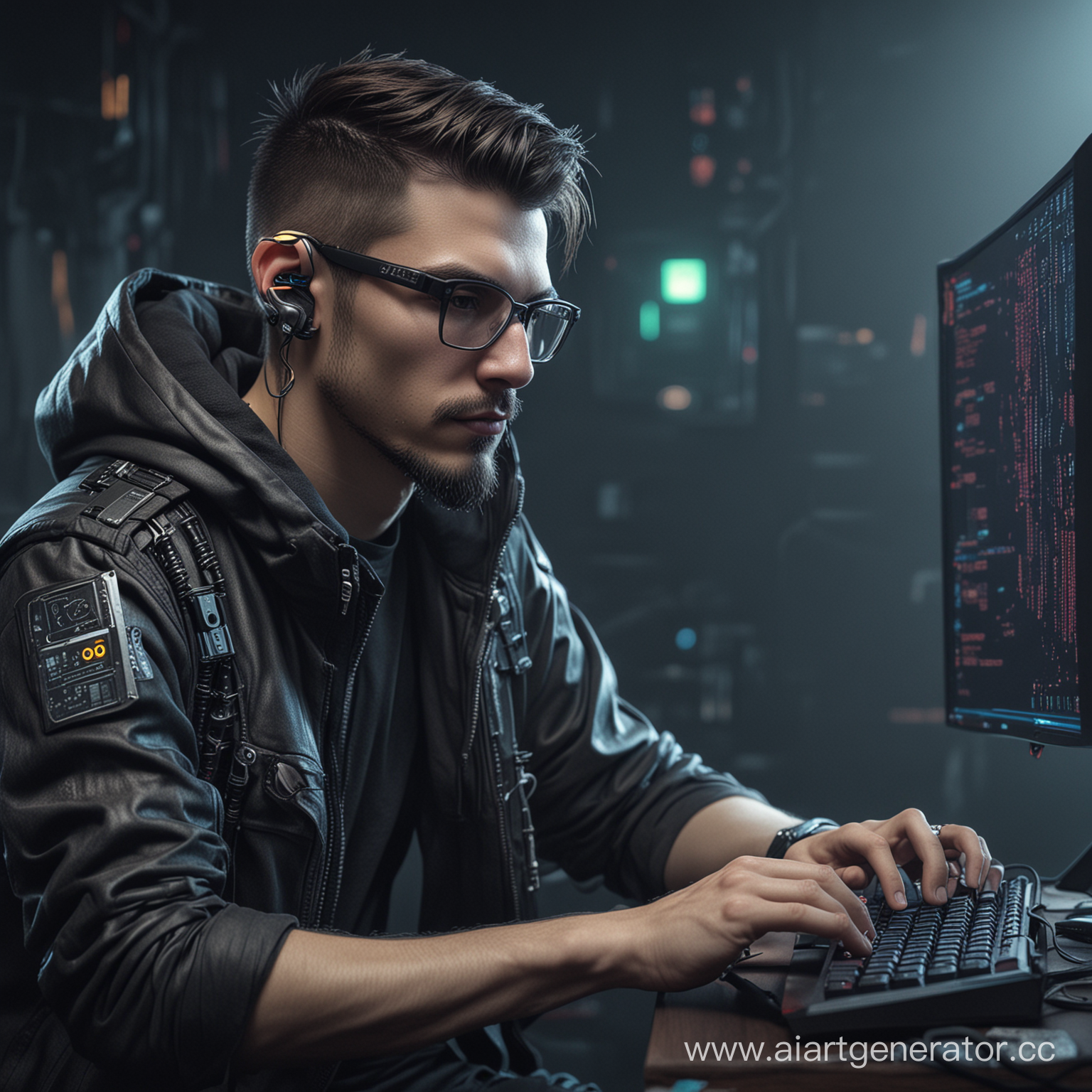 java developer sits at a computer cyberpunk