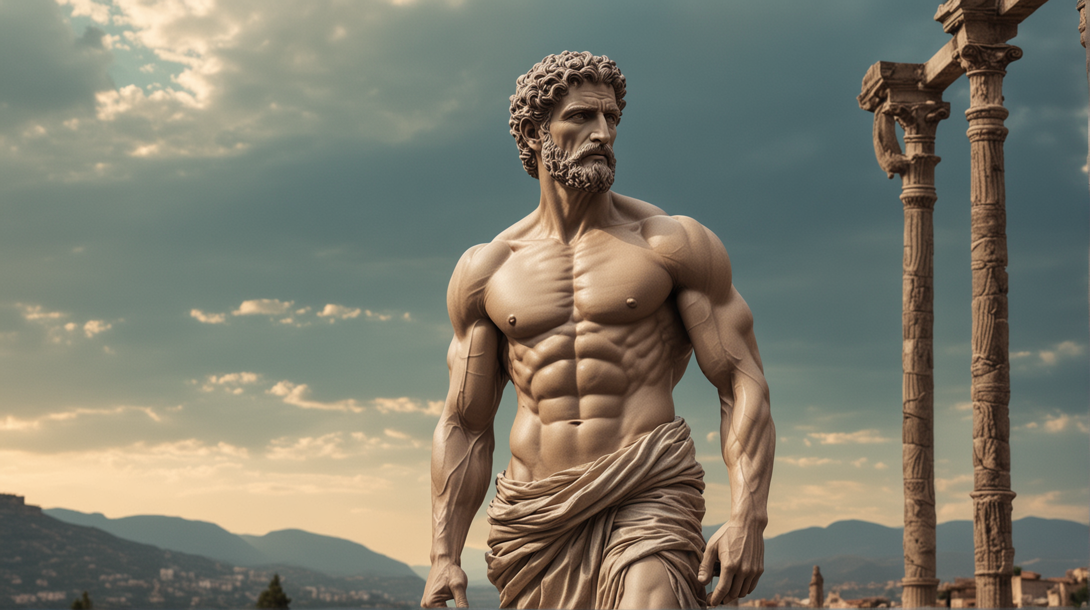 Stoicism muscular statue ancient  man with clothes on stand outside beautiful background