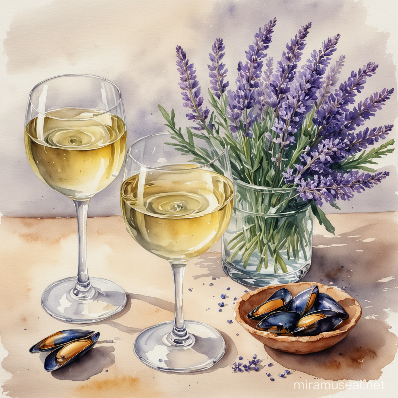 Watercolor Painting of White Wine Mussels and Lavender Bouquet