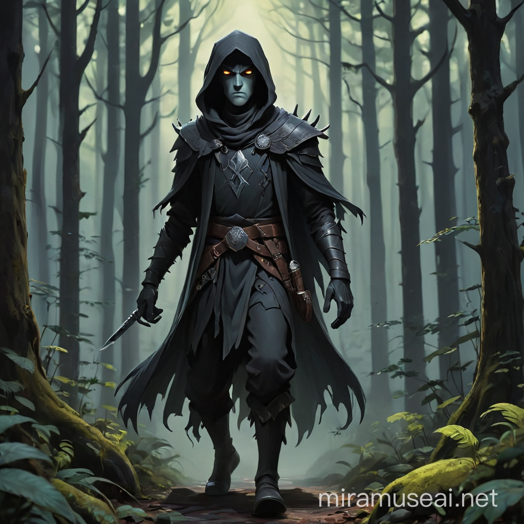 dungeons and dragons, tall thin 2D shadow man in a dark forest