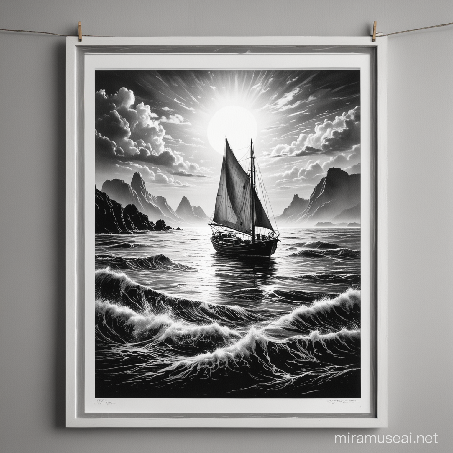 Lonely Boat Sailing Across Dramatic Monochrome Seas