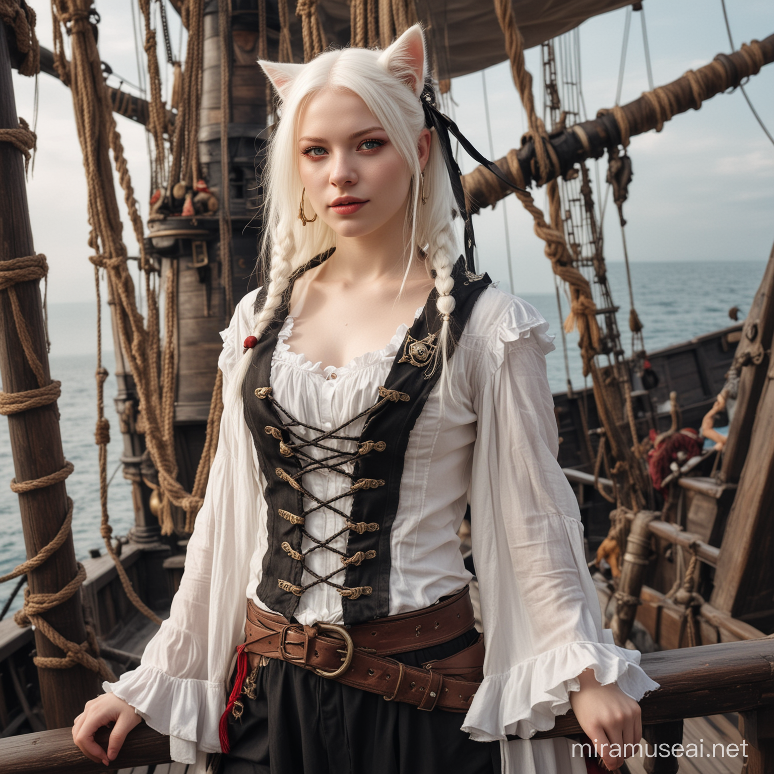 Jeune femme albinos, yeux rouge, cheveux blanc court, peau blanche, oreilles de chat blanc sur la tête, longue queue de chat blanc derrière son dos, habillée de vêtements de pirate, à bord d'un bâteau pirate, style Pirate des Caraïbes.