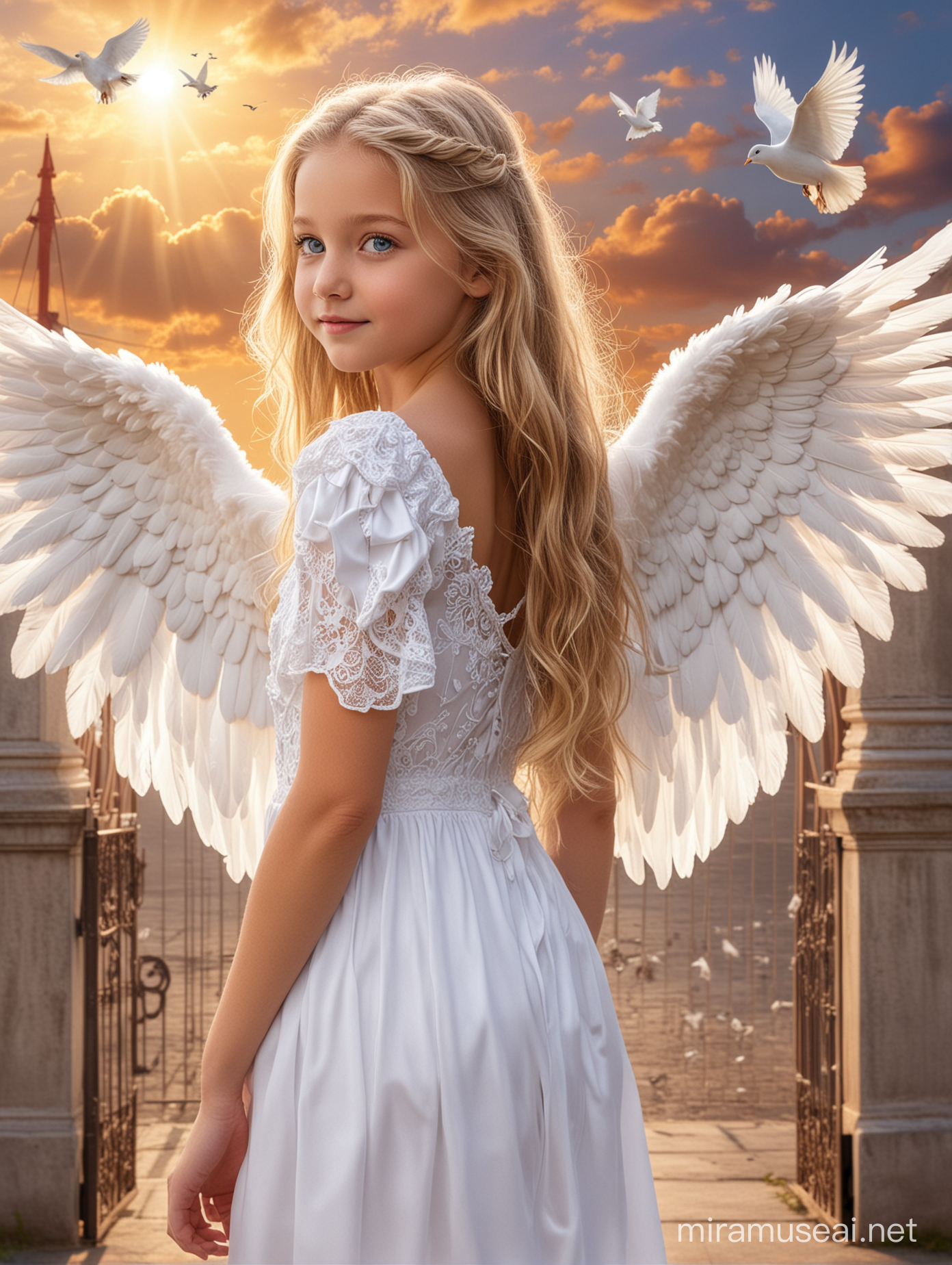 12 year old sweet cute adorable angel long straight wavy blonde hair blue eyes wearing a beautiful white dress and big white angel wings on her back heavenly background with golden gate and doves clouds very beautiful she is extremely cute 