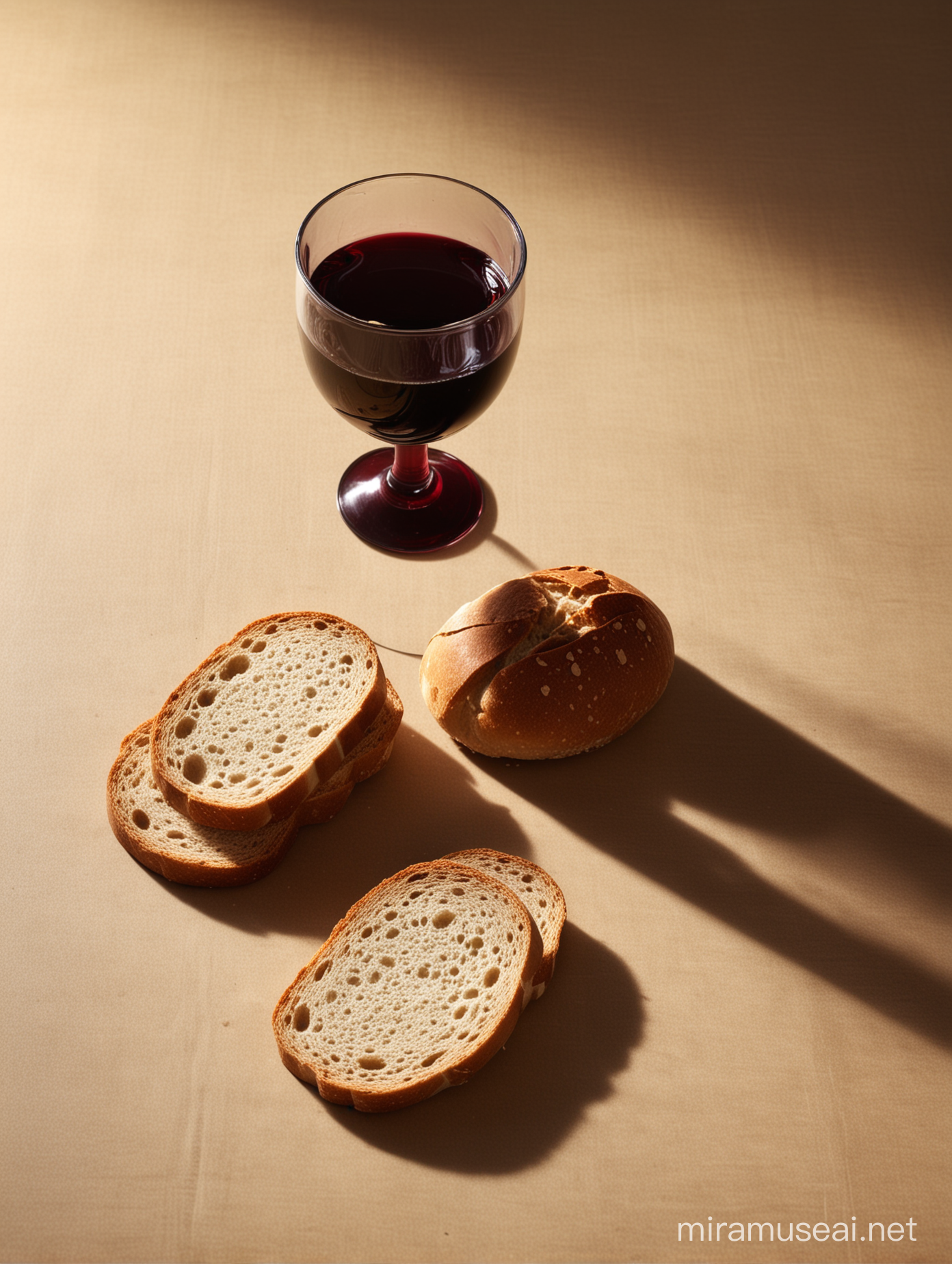 Holy Communion. Sharp shadows, highlights on bread, wine, cup