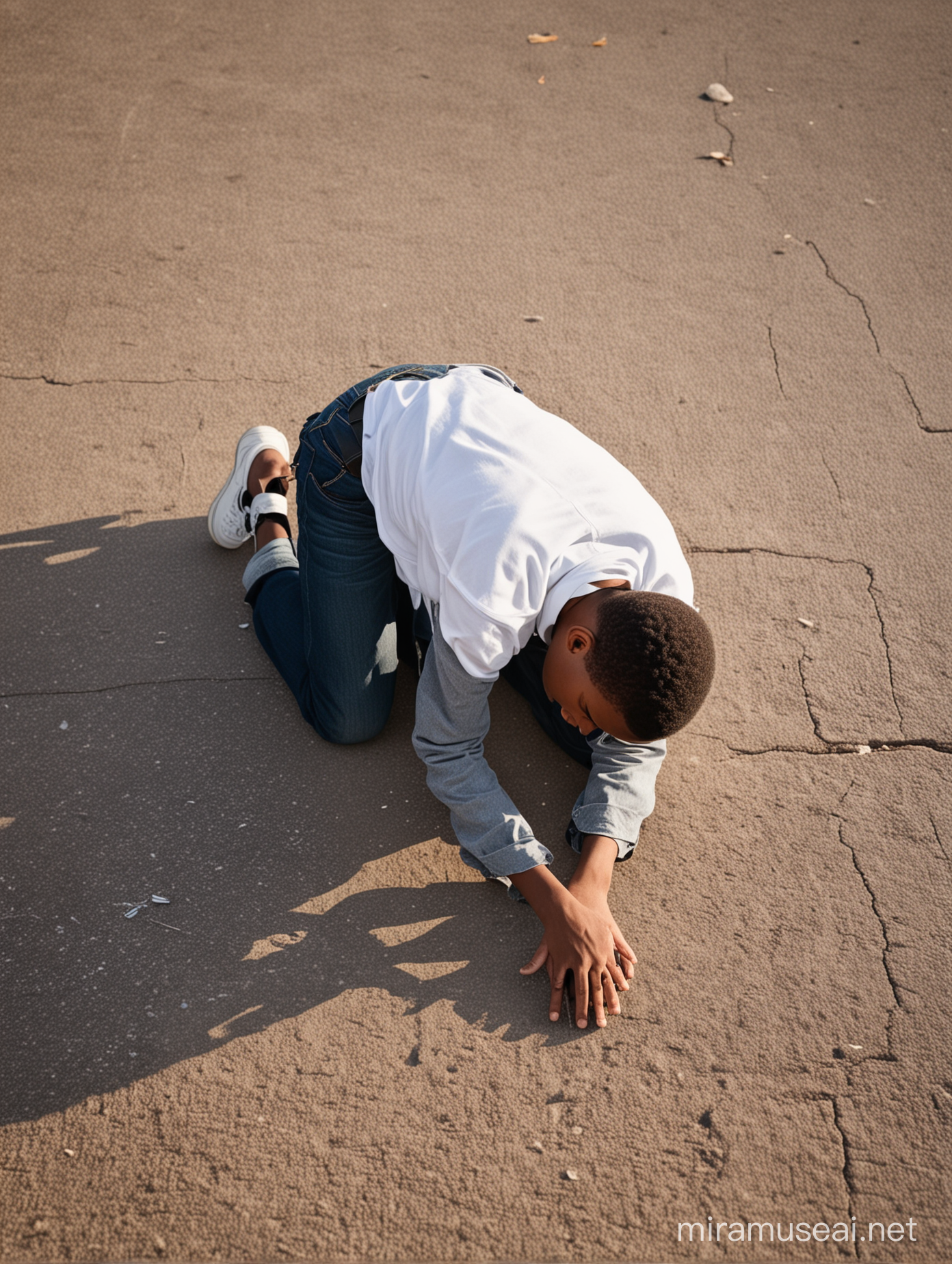 Chico adolescente negro orando postrado en el suelo.