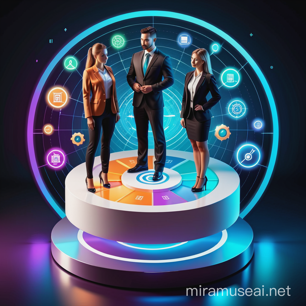 3d pie chart with an engineer man and a business woman standing on top of it, with holographic designs floating around them. Isomorphic icon style. 
