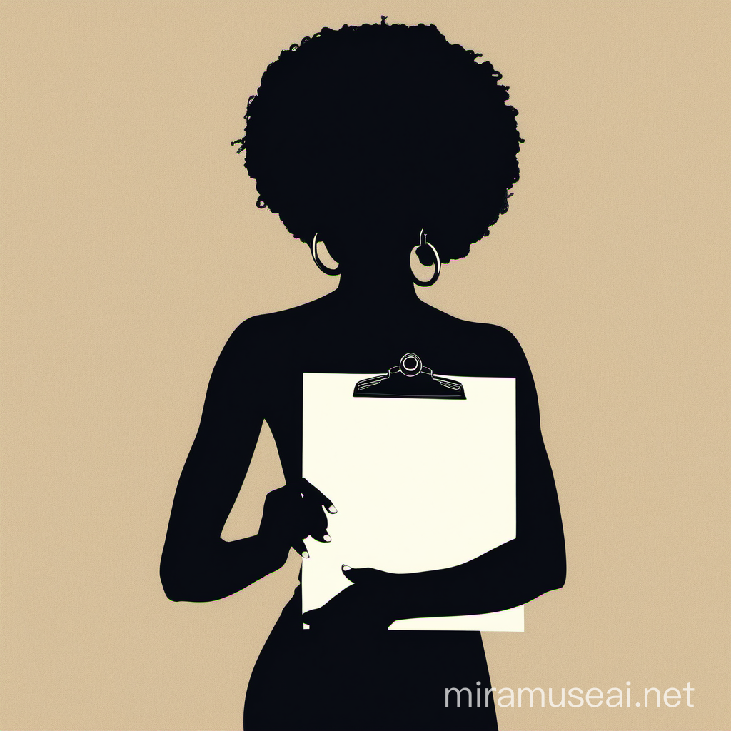 silhouette of a black woman holding a clipboard thinking waist up
