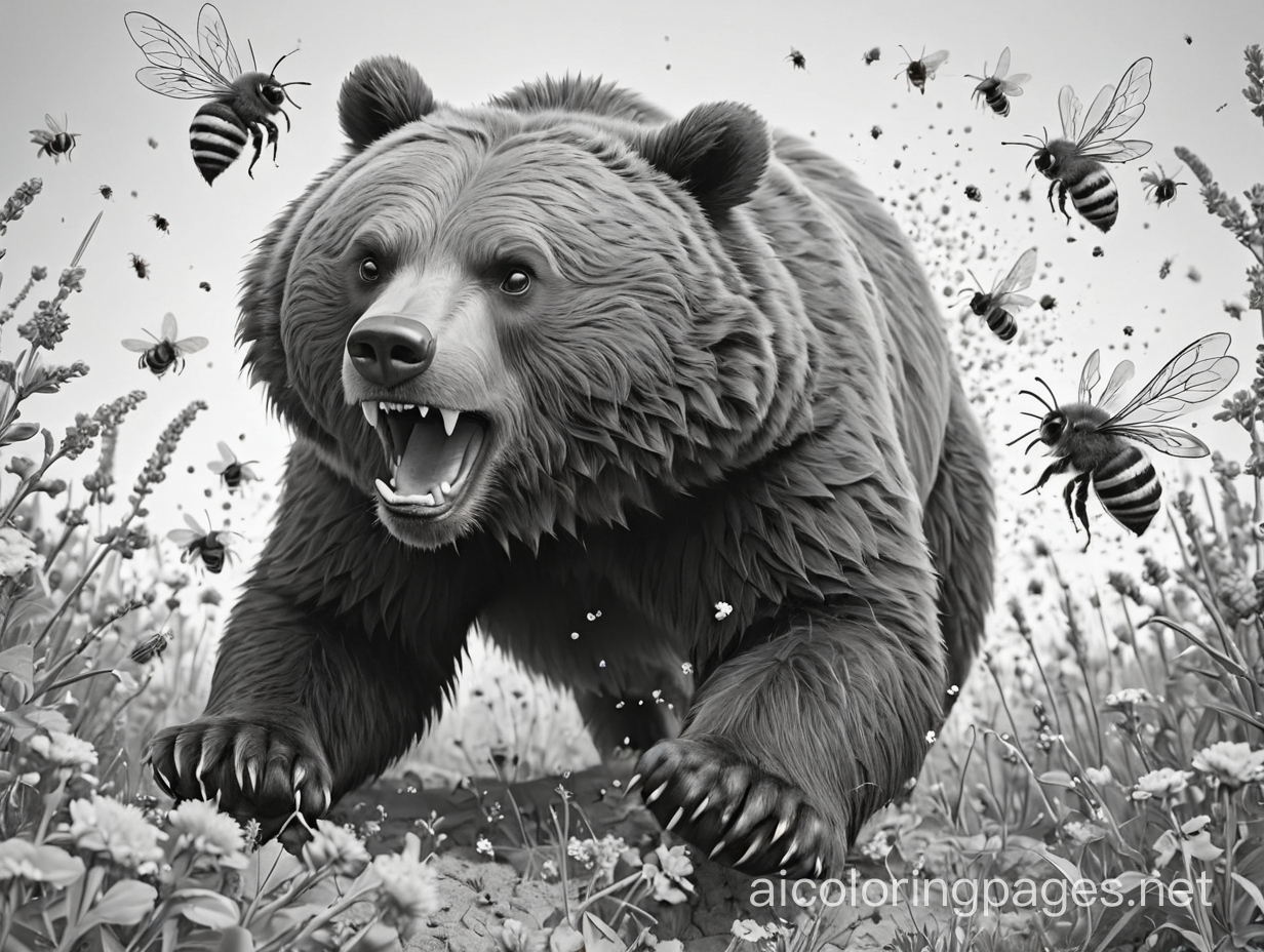 A grizzly bear getting attacked by bees, Coloring Page, black and white, line art, white background, Simplicity, Ample White Space. The background of the coloring page is plain white to make it easy for young children to color within the lines. The outlines of all the subjects are easy to distinguish, making it simple for kids to color without too much difficulty