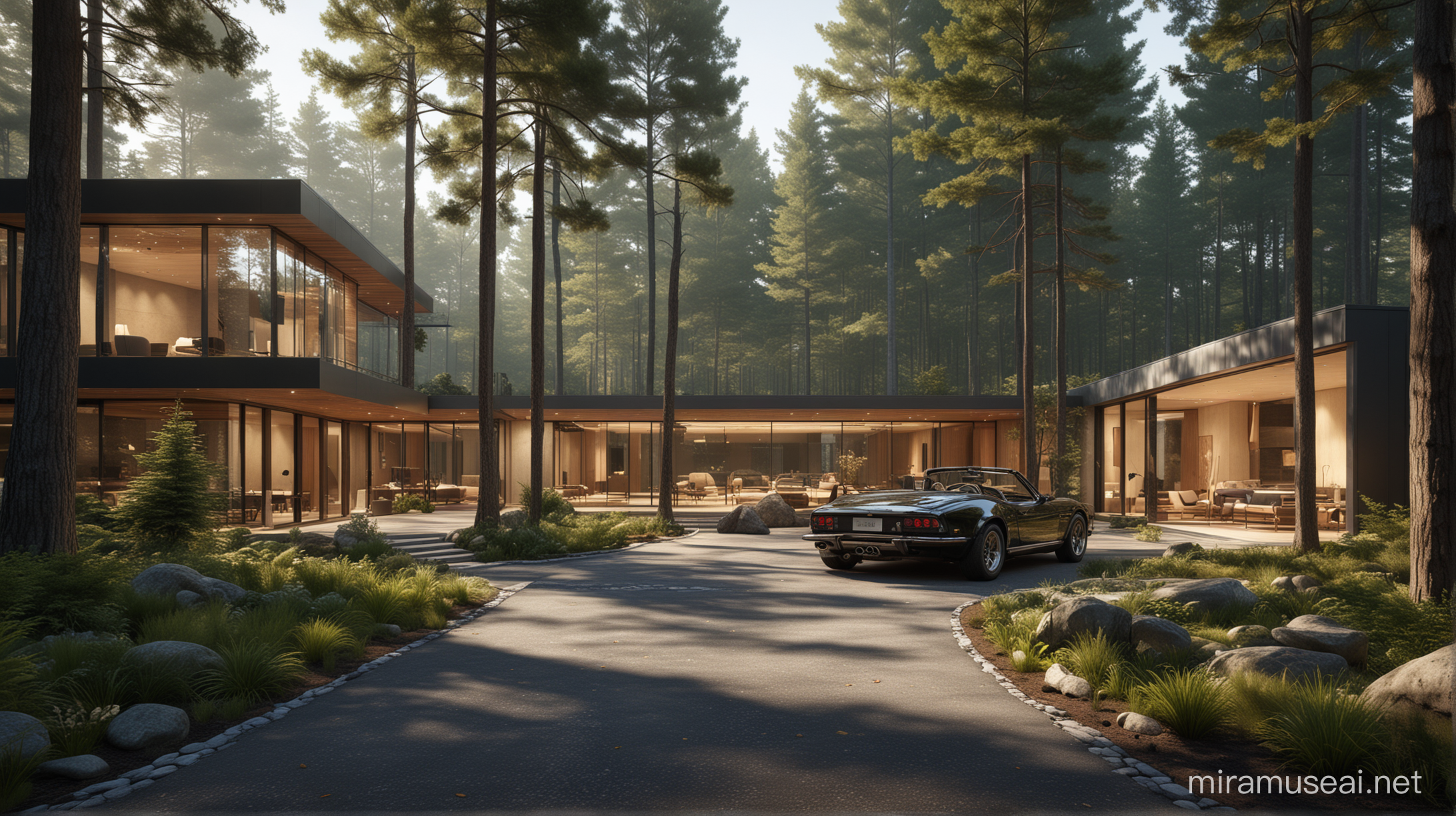 "Compose a luxurious residential scene set in a serene forest environment during the late afternoon when the sunlight gently filters through the trees. The architecture should be a blend of modern design with natural elements, featuring clean lines, large glass windows, and organic materials like wood and stone to integrate the structure into the surrounding landscape seamlessly.

The house should be multi-leveled with distinct sections interconnected by glass walkways, allowing for a visual flow that showcases the interior design. Include details such as outdoor terraces, a flat roof with a garden, and ambient lighting that adds warmth to the house's exterior.

In the foreground, position two high-end sports cars with sleek designs and reflective surfaces that capture the surrounding nature and the soft light of the afternoon. One car should be parked in the driveway while the other is approaching the house, suggesting motion and adding dynamism to the scene.

Surround the house with tall evergreen trees and incorporate a well-manicured lawn that complements the wilderness. The composition should balance the man-made elements with the natural, creating a sense of harmony and exclusivity.

For the final image, aim for a realistic rendering with attention to the textures of the materials, the play of light and shadow, and the overall atmosphere that conveys luxury, tranquility, and a connection with nature."

In creating this image, one might use 3D modeling software to construct the house and cars, carefully applying materials and textures for realism. The forest environment would be created with attention to the types of trees and foliage native to the setting, and the lighting would be fine-tuned to simulate the natural ambiance of the setting sun. Post-processing might be necessary to enhance the final visuals, ensuring that the image is cohesive and polished.