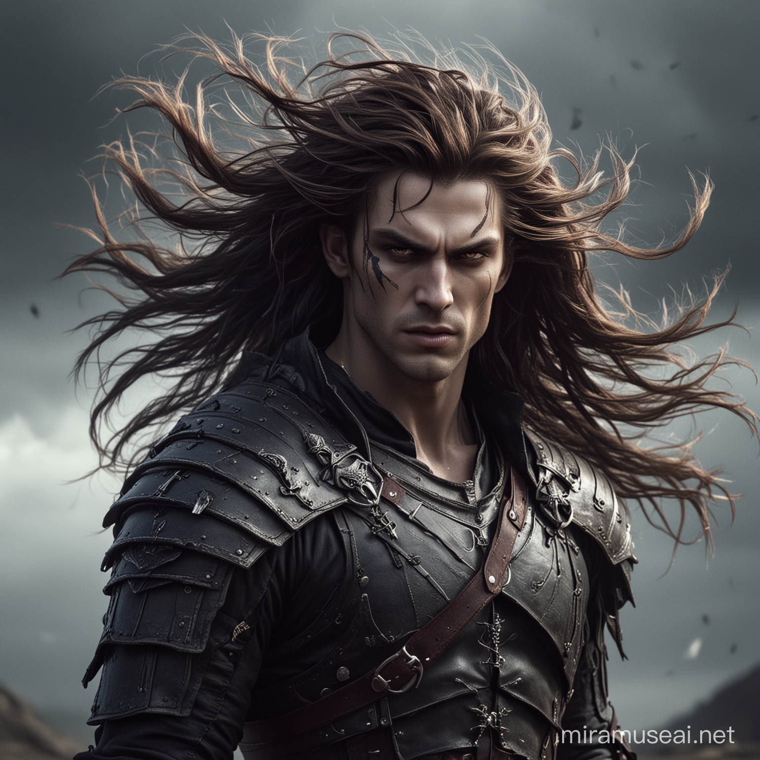 воин-вампир из недалёкогос будущего, его волосы развиваются на ветру