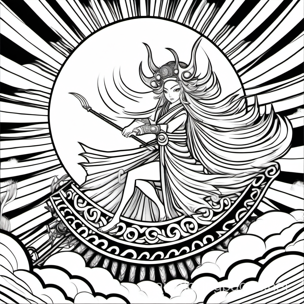 Black and white coloring page, cartoon style: Amaterasu, the Japanese sun goddess, riding across the sky in a chariot pulled by three-legged birds., Coloring Page, black and white, line art, white background, Simplicity, Ample White Space. The background of the coloring page is plain white to make it easy for young children to color within the lines. The outlines of all the subjects are easy to distinguish, making it simple for kids to color without too much difficulty