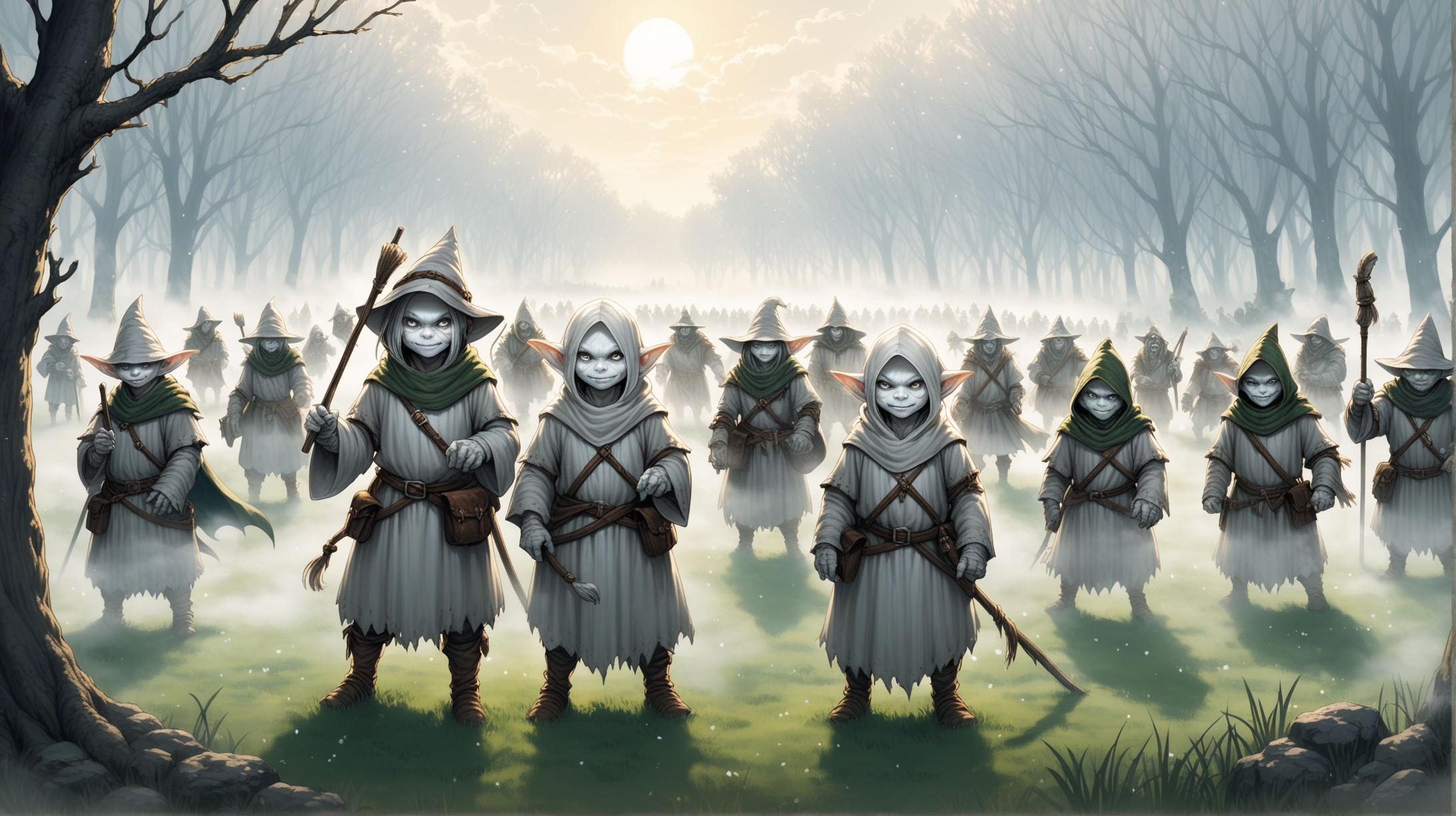 tribe of tiny white goblins with full chalk white skin, rogues and wizards, boys and small girls, countryside white fog, Medieval fantasy
