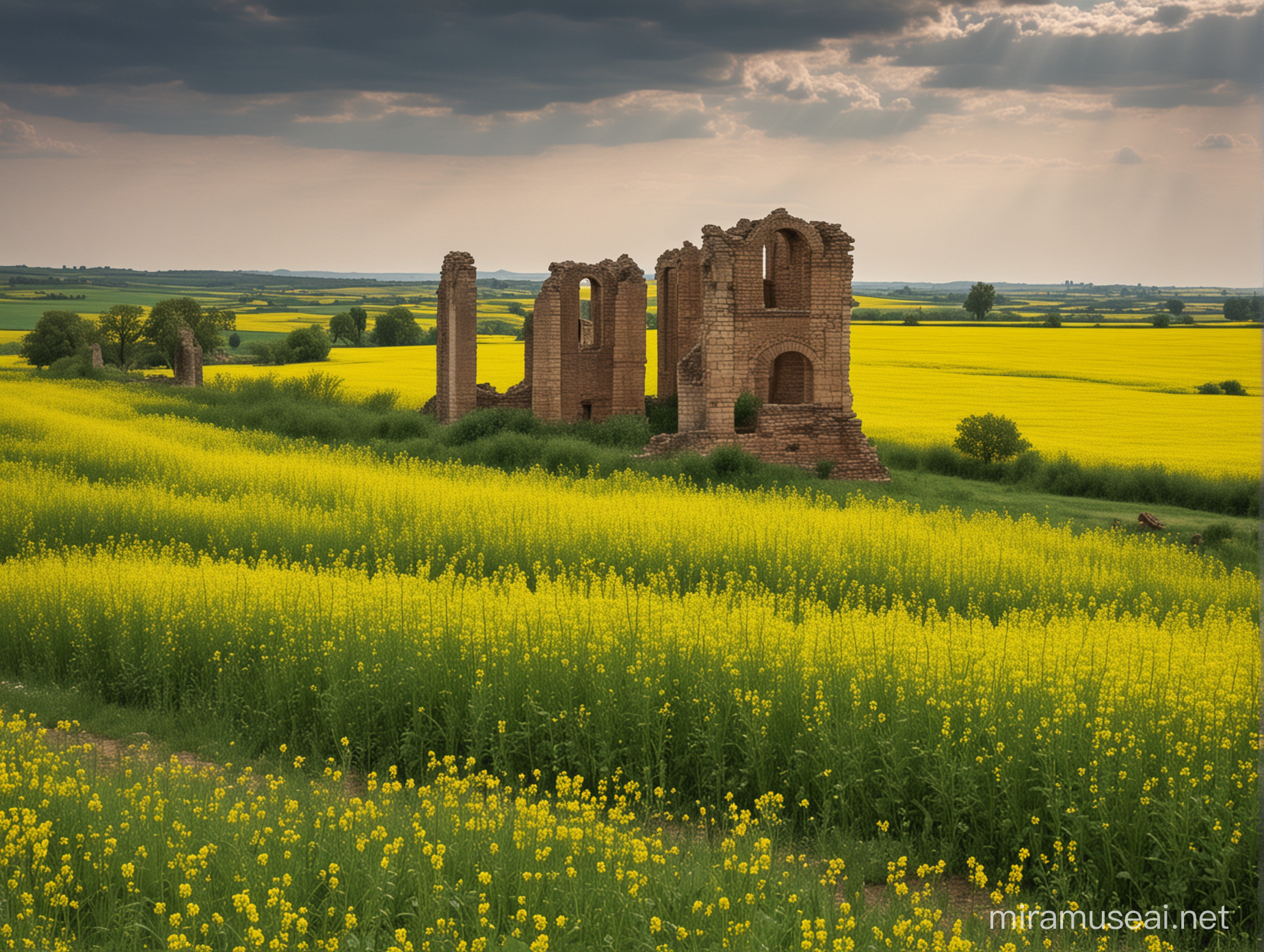 Sunlit Rapeseed Field Surrounding Ancient Ruins