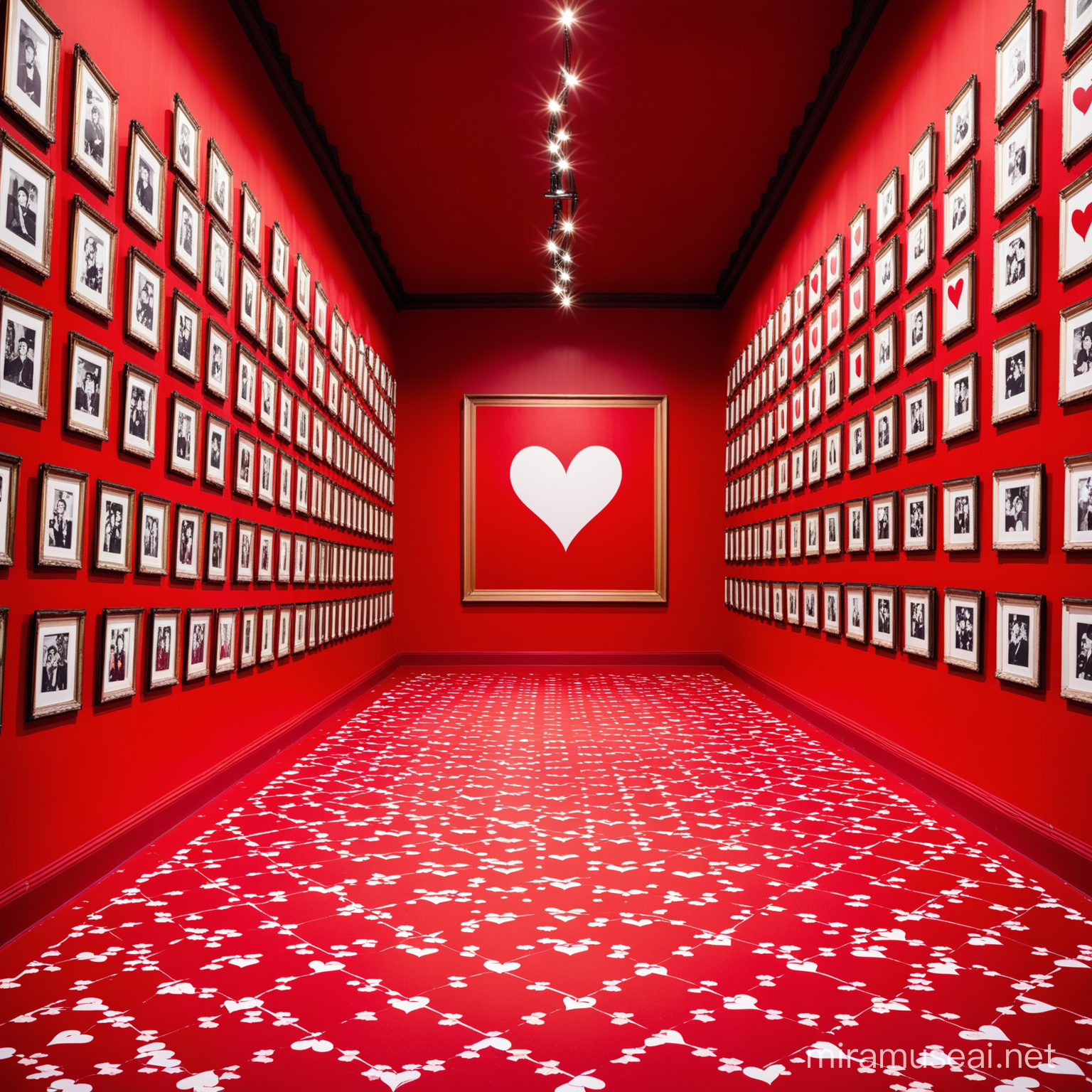 A huge room with red paint on the walls and many frames on the wall with pictures of hearts in the frames.