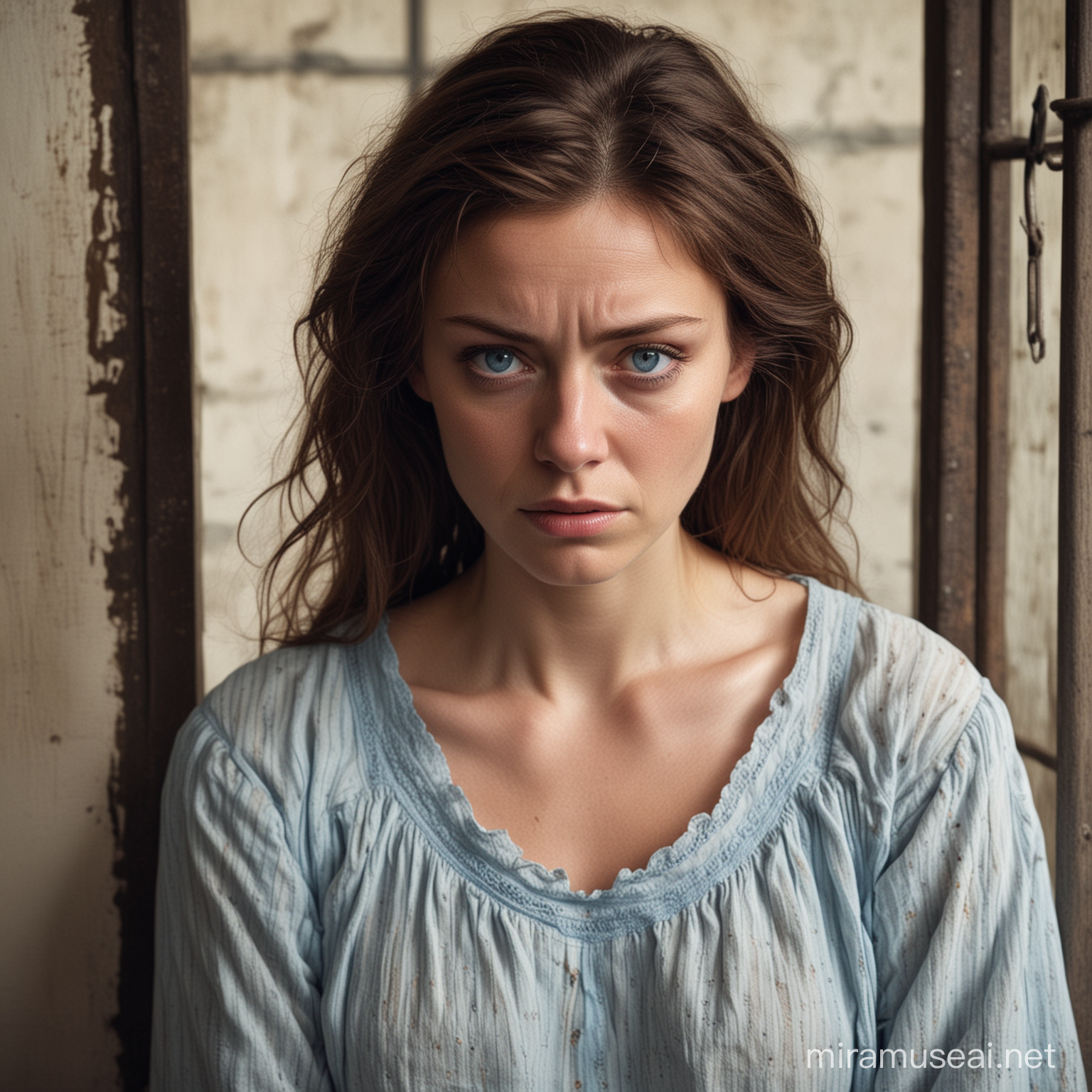 Melancholic Woman with Brown Hair and Blue Eyes Trapped in 1840 Prison