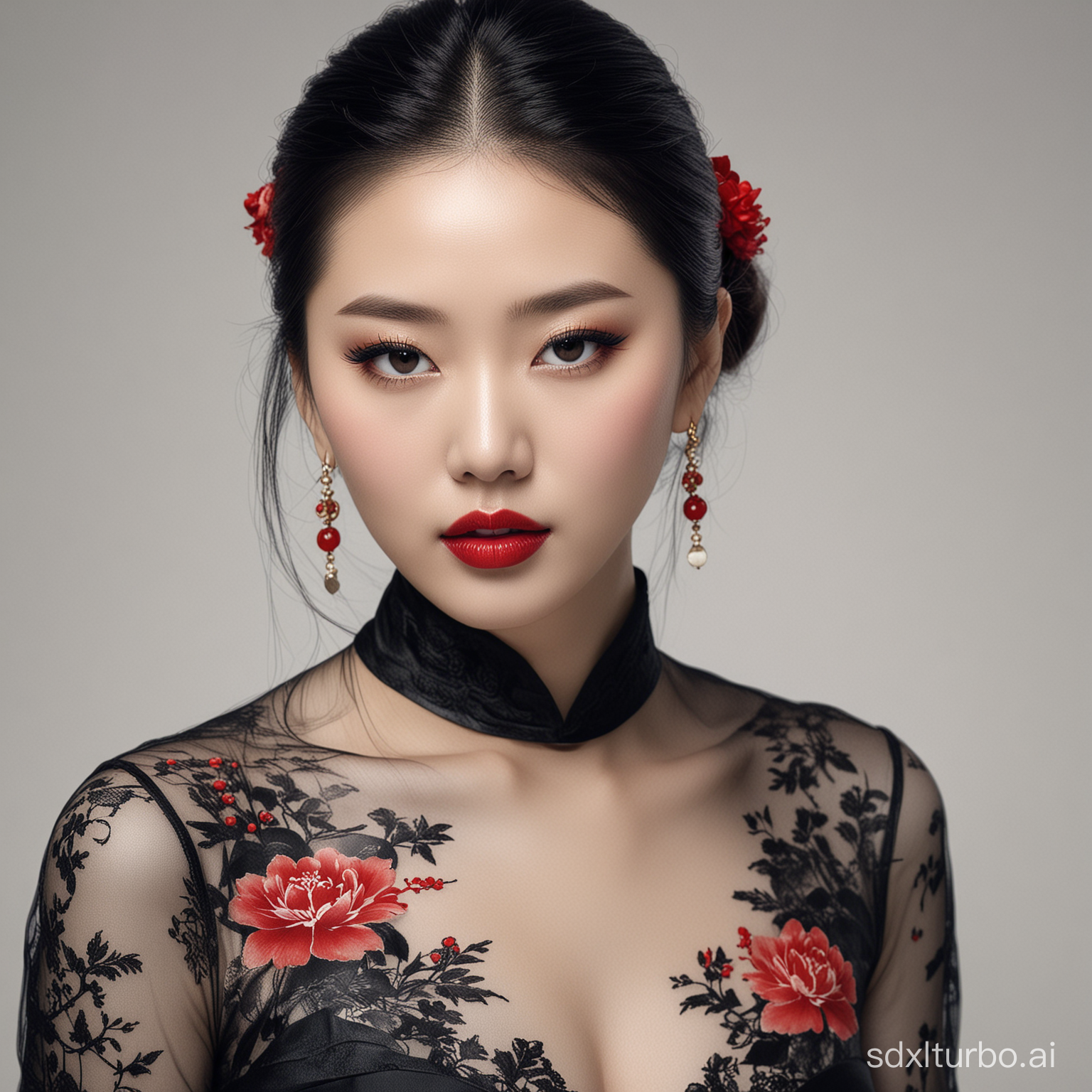  Chinese ink style portrait of Chinese photographer Zhang Jingna, wearing a black dress and red lipstick with an elegant face against a white background. A flat, high definition illustration in the style of Chinese ink. --ar 71:129 --stylize 750 
