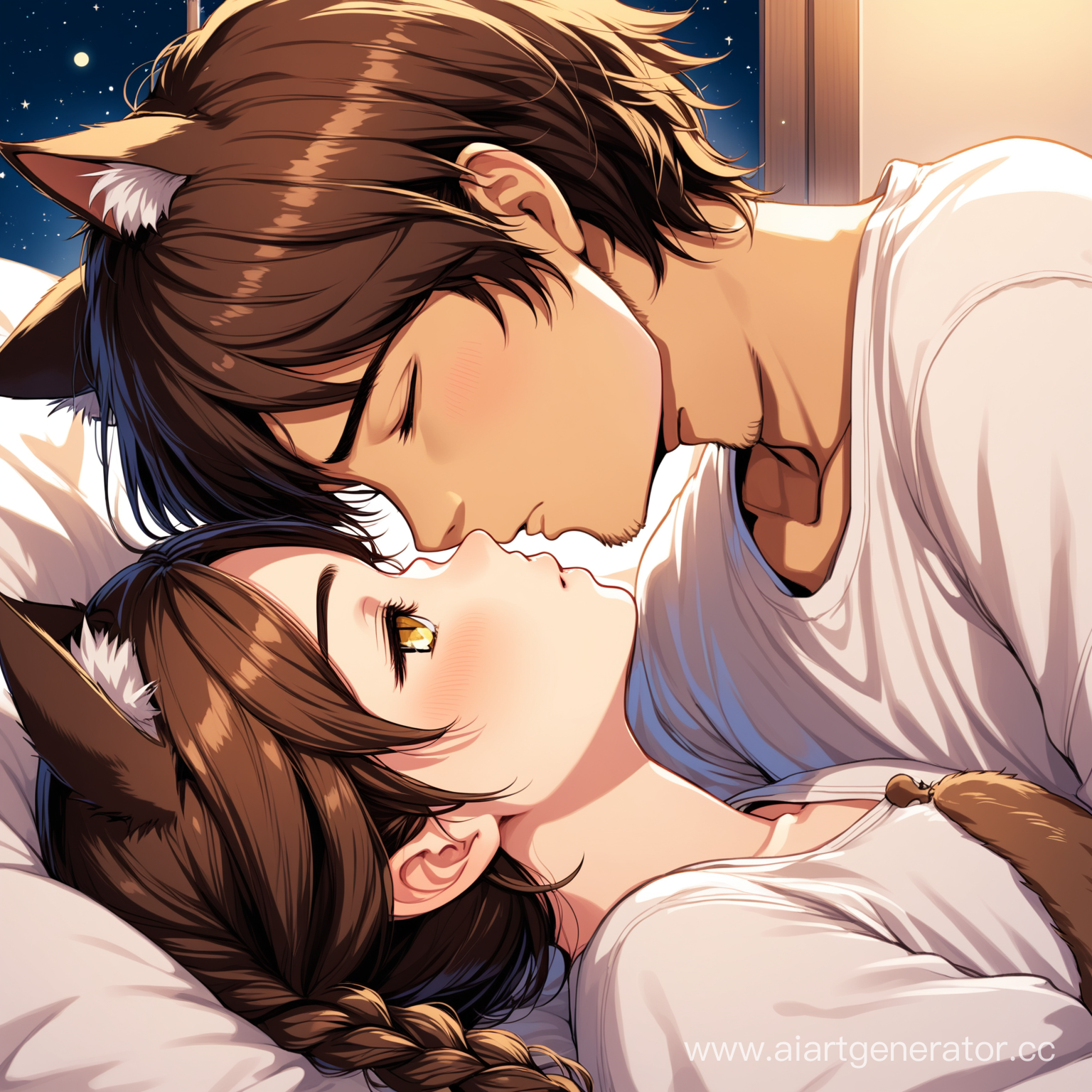 Catgirl yellow eyes brown hair (one short braid), brown cat ears, kiss her boyfriend before sleeping,