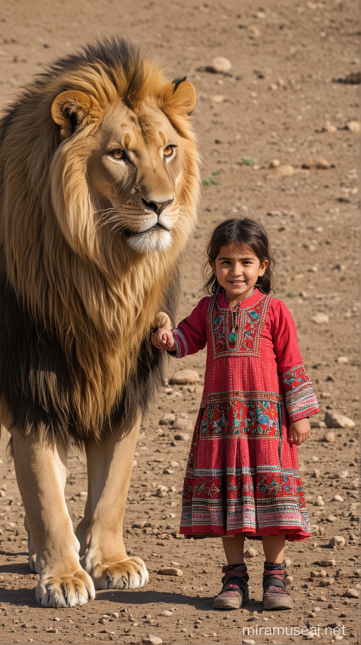 An Afghan-Tajik little girl set near a Lion friendly