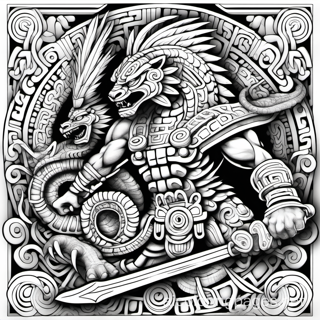 Action-packed coloring page: An epic battle between a Mayan jaguar warrior and a feathered serpent god, Kukulkan., Coloring Page, black and white, line art, white background, Simplicity, Ample White Space. The background of the coloring page is plain white to make it easy for young children to color within the lines. The outlines of all the subjects are easy to distinguish, making it simple for kids to color without too much difficulty