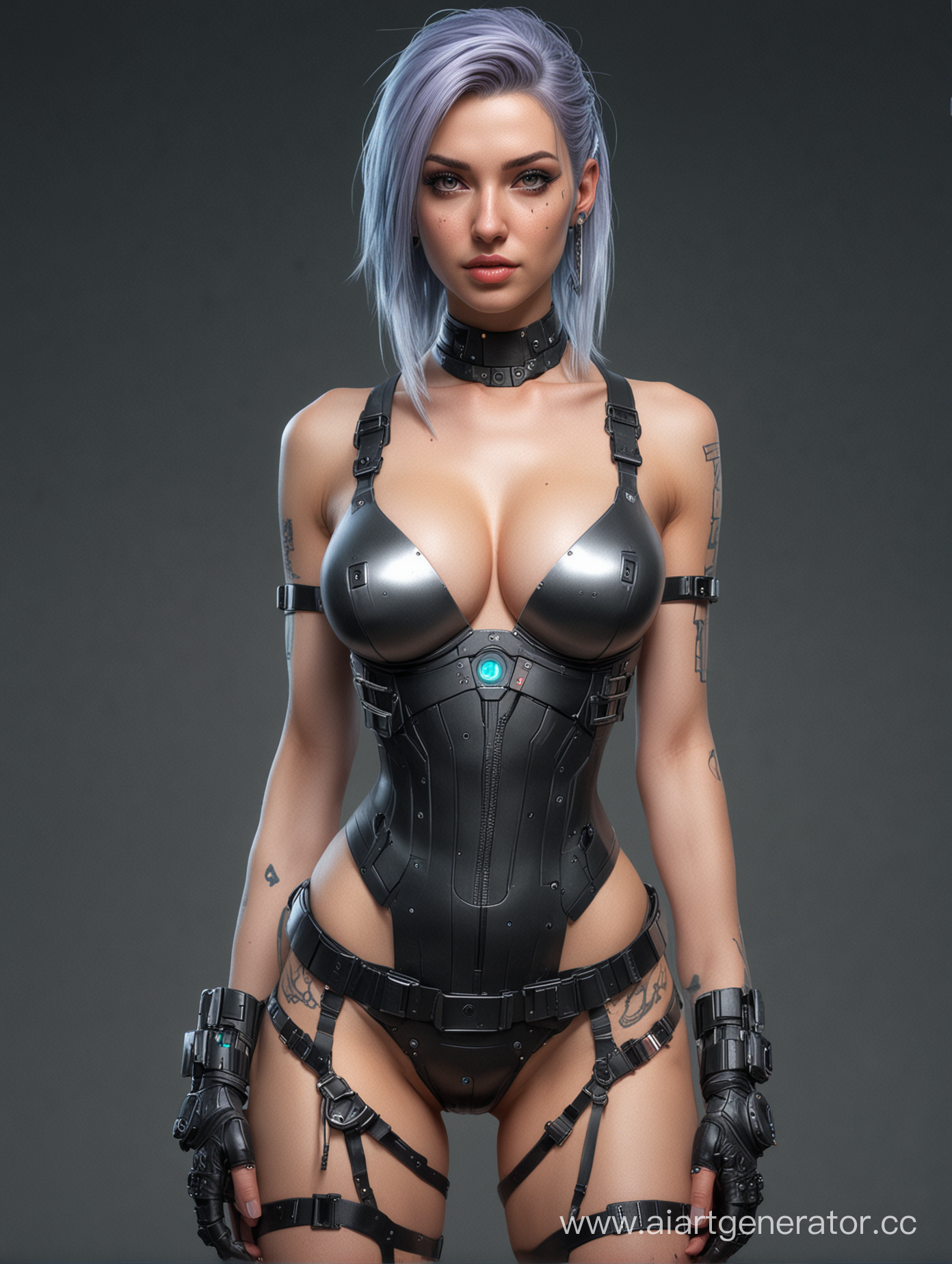 Beautiful realistic full-length cyberpunk girl in a bra