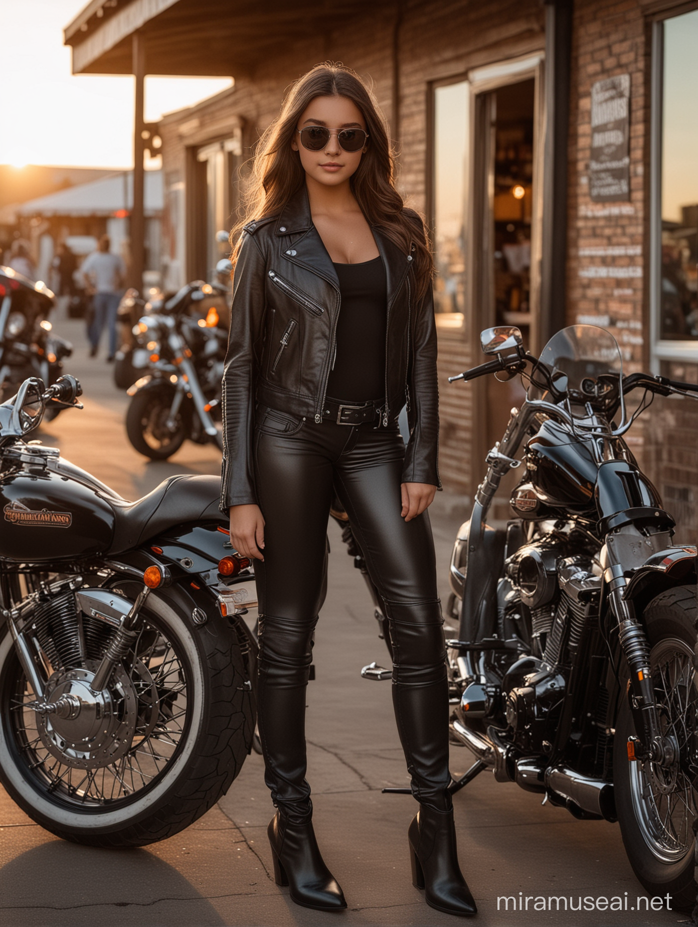 14 year old sweet cute adorable angel long straight wavy brunette hair brown eyes wearing a tight black leather outfit l she is extremely cute standing towards the viewer full body full view dark sunglasses at sunset standing next to a Harley Davidson in front of a biker bar 