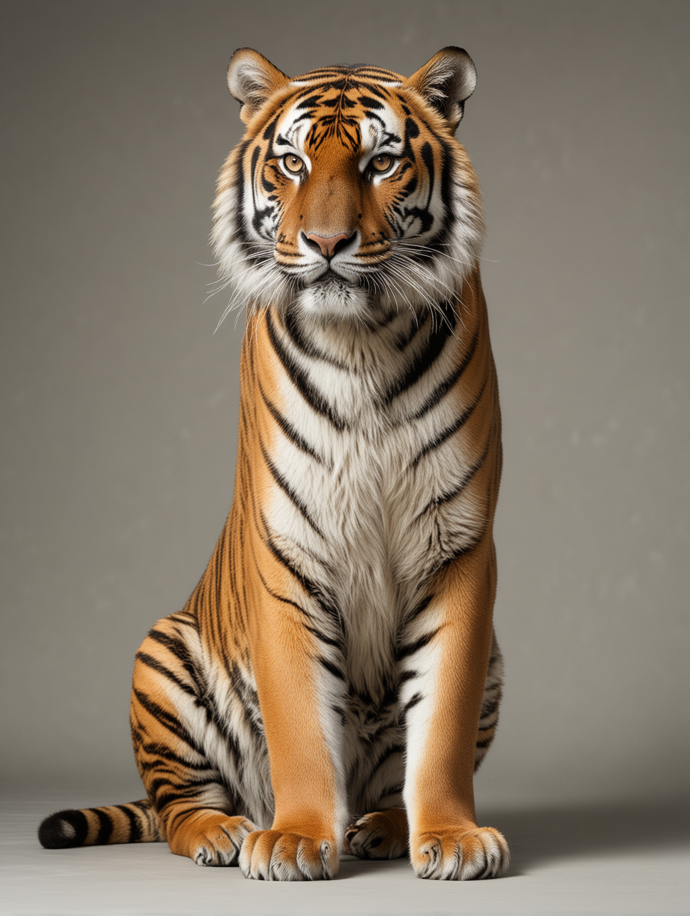 full body studio photo of tiger sitting, slightly angled view.